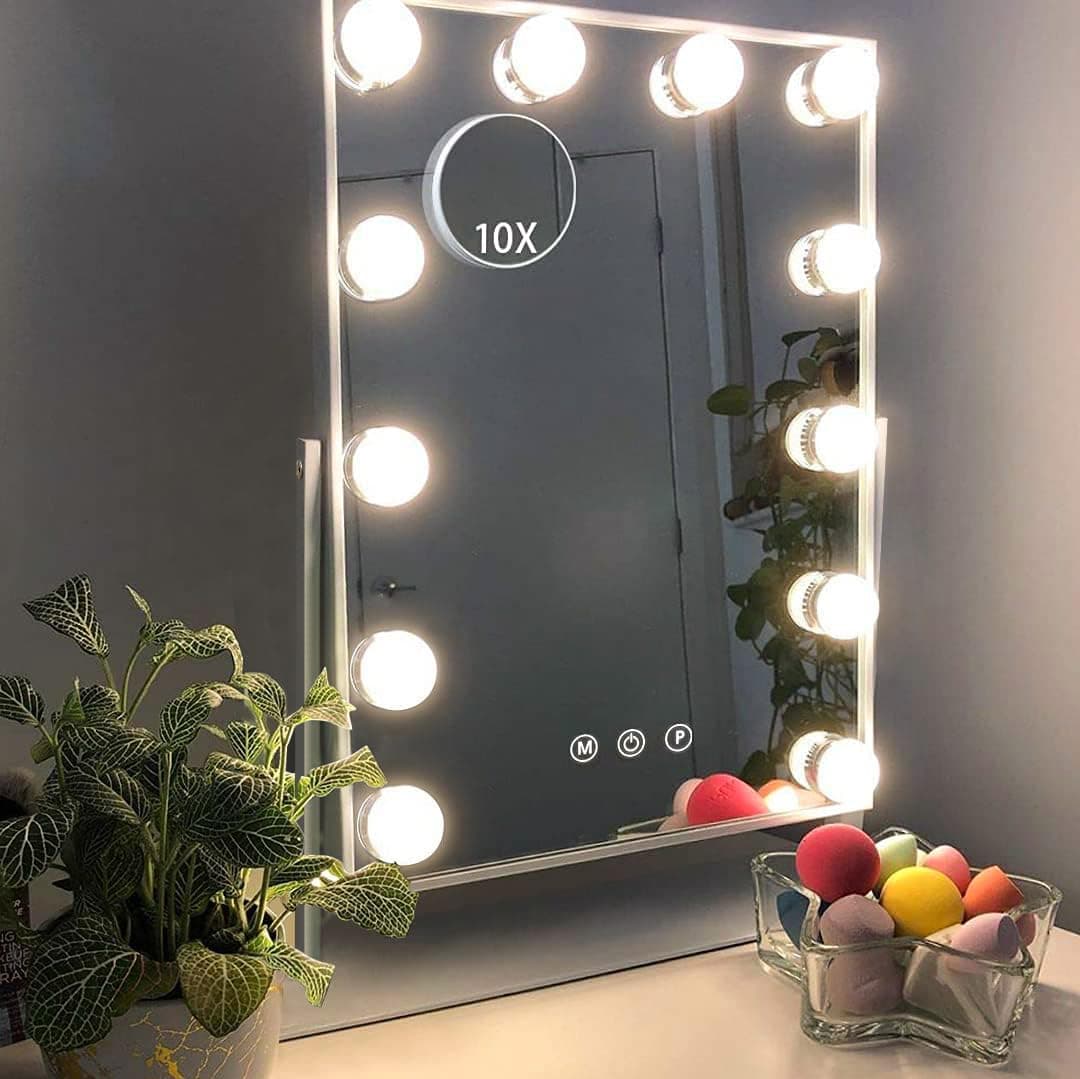 Hansong Large Hollywood Makeup Vanity Mirror with Lights,Plug in Light-up Professional Mirror with Storage,Removable 10x Magnification,3 Color Lighting Modes, Cosmetic Mirror with 12 Dimmable Bulbs