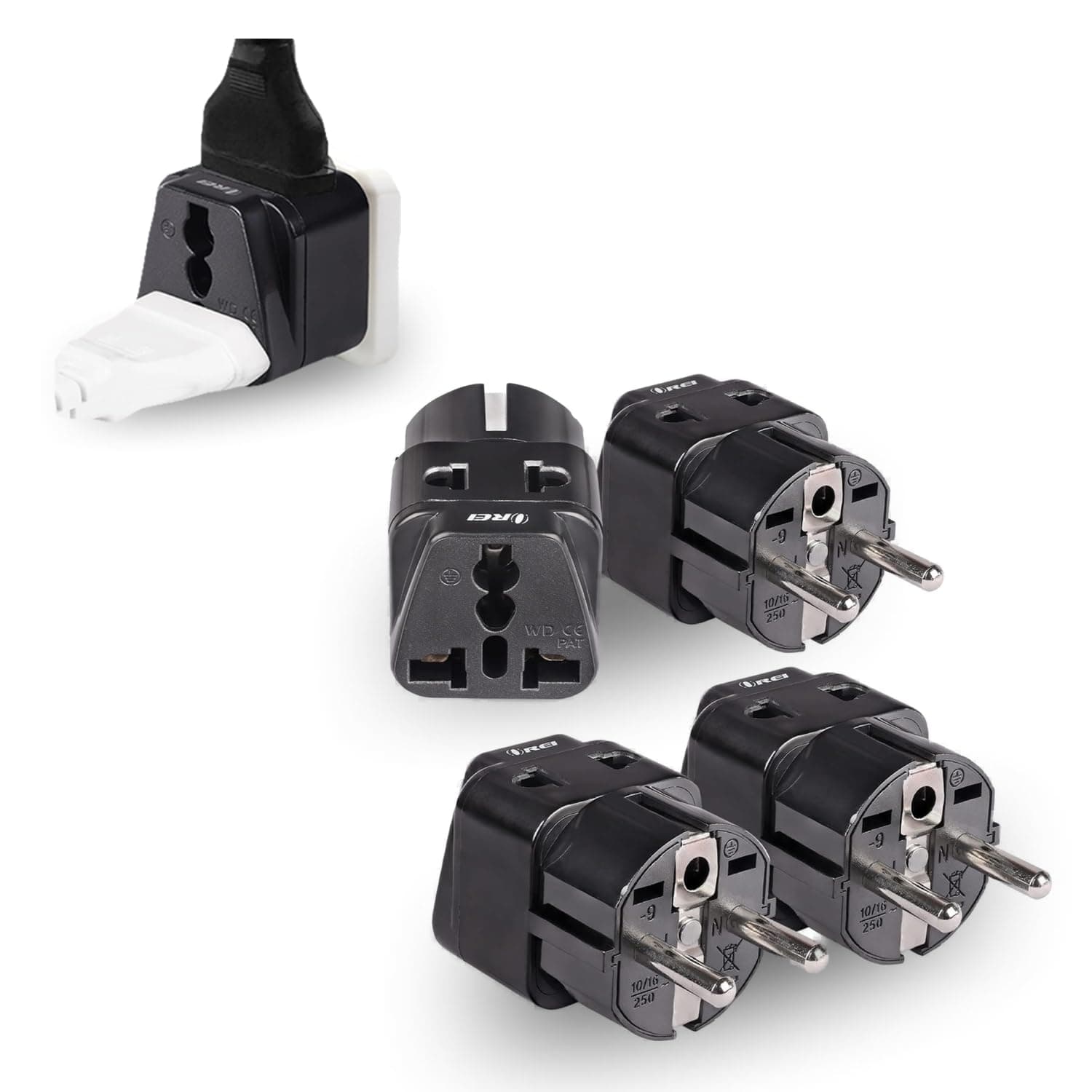 - India Travel Adapter Europe (Schuko) Plug - Type E/F Universal Adapter for Europe - 2 in 1 - Perfect for Laptop, Camera, Chargers - CE - RoHS - 4 Pack - Black - 5 Years Warranty