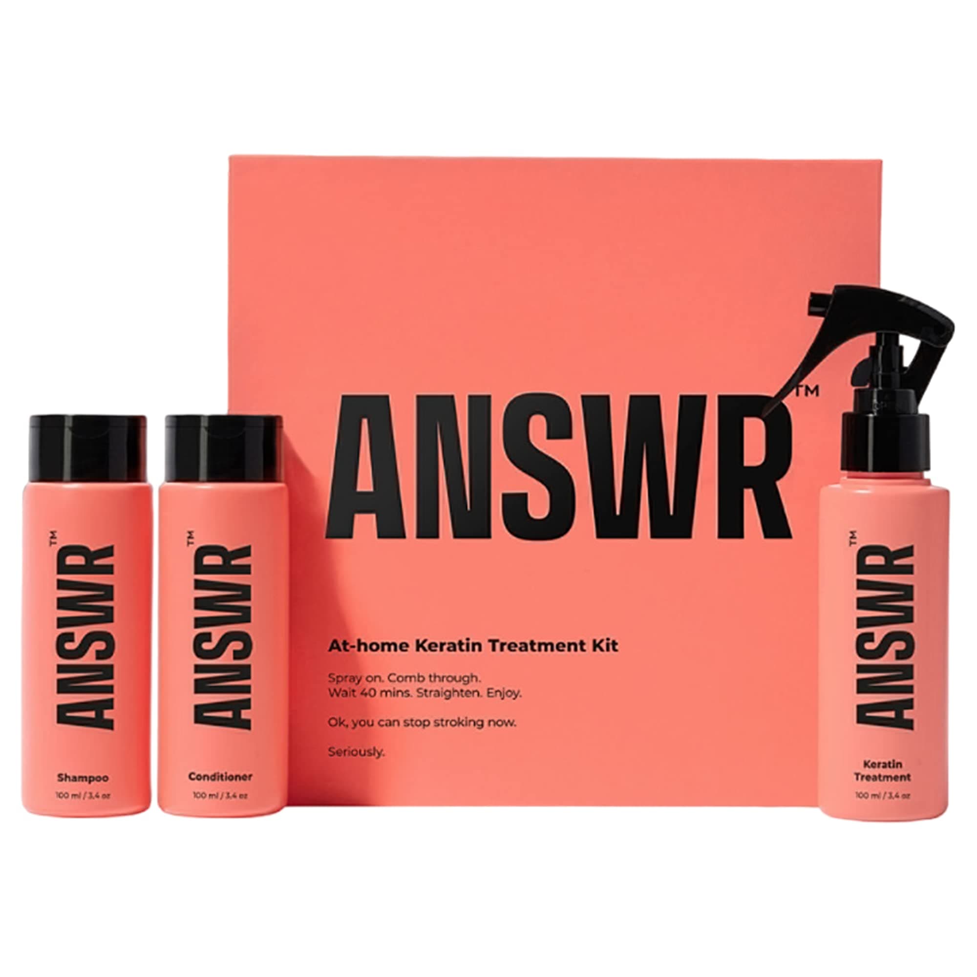 ANSWR At-home Keratin Treatment Kit - Vegan Shampoo & Conditioner Set Frizz-free Hair For 3 Months - Salon Quality Smoothing hair treatment Growth and Thinning Hair, 89% Natural - 3x100ml