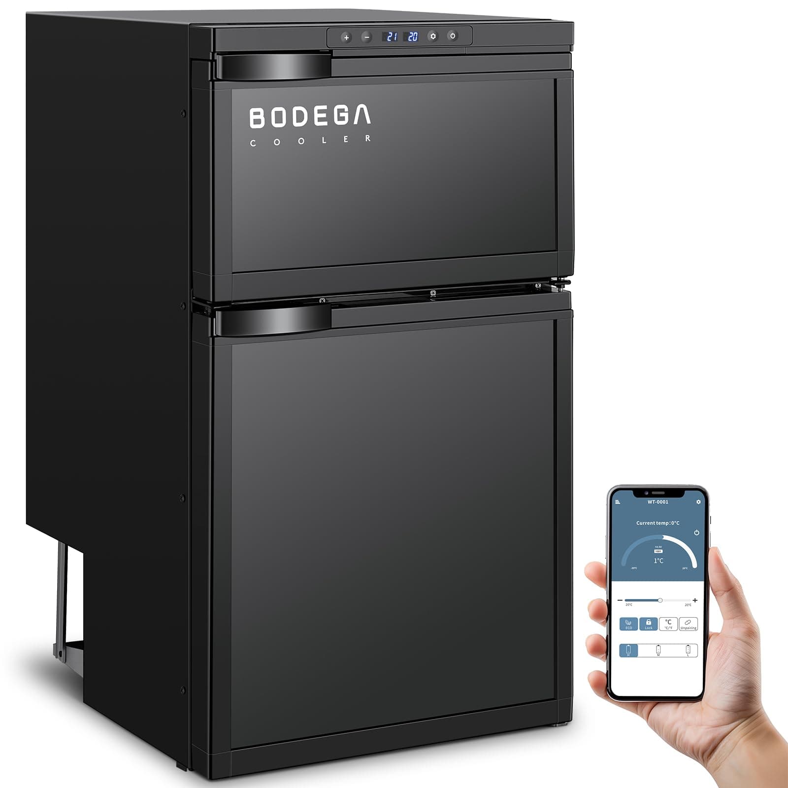 BODEGACOOLER 12 Volt RV Refrigerator, 80L(2.82Cu.ft) RV Fridge with Freezer, APP Control Car Refrigerator, (-4℉-68℉) Travel Compressor Cooler 12/24V DC for Boat, Yacht, Caravan, Truck, Camping