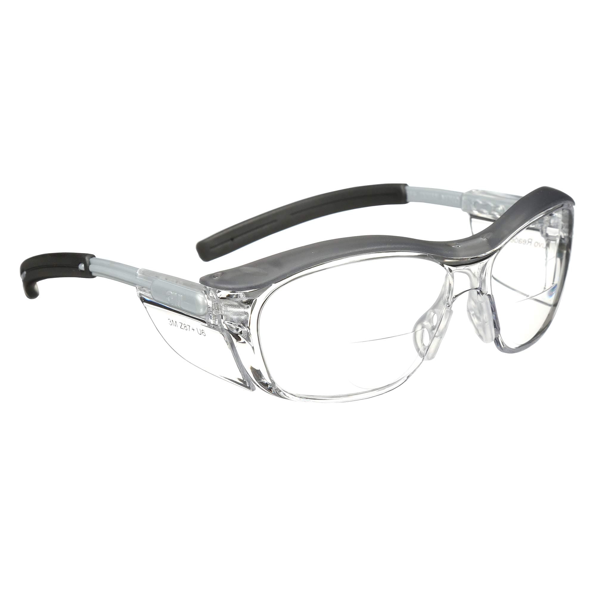 Safety Glasses with Readers, Nuvo Protective Eyewear, +1.5, ANSI Z87, Clear Lens, Retro Gray Frame, Soft Nose Bridge, Side Shields