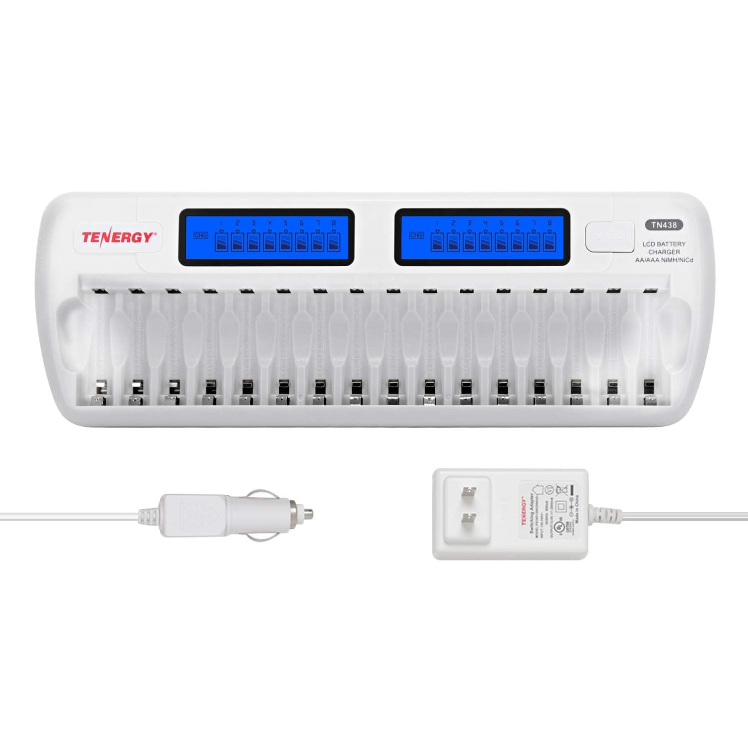 TN438 16 Bay Battery Charger for AAA and AA Rechargeable Batteries, AA/AAA NiMH/NiCd Rechargeable Batteries Charger with AC Wall Adapter and Car Adapter