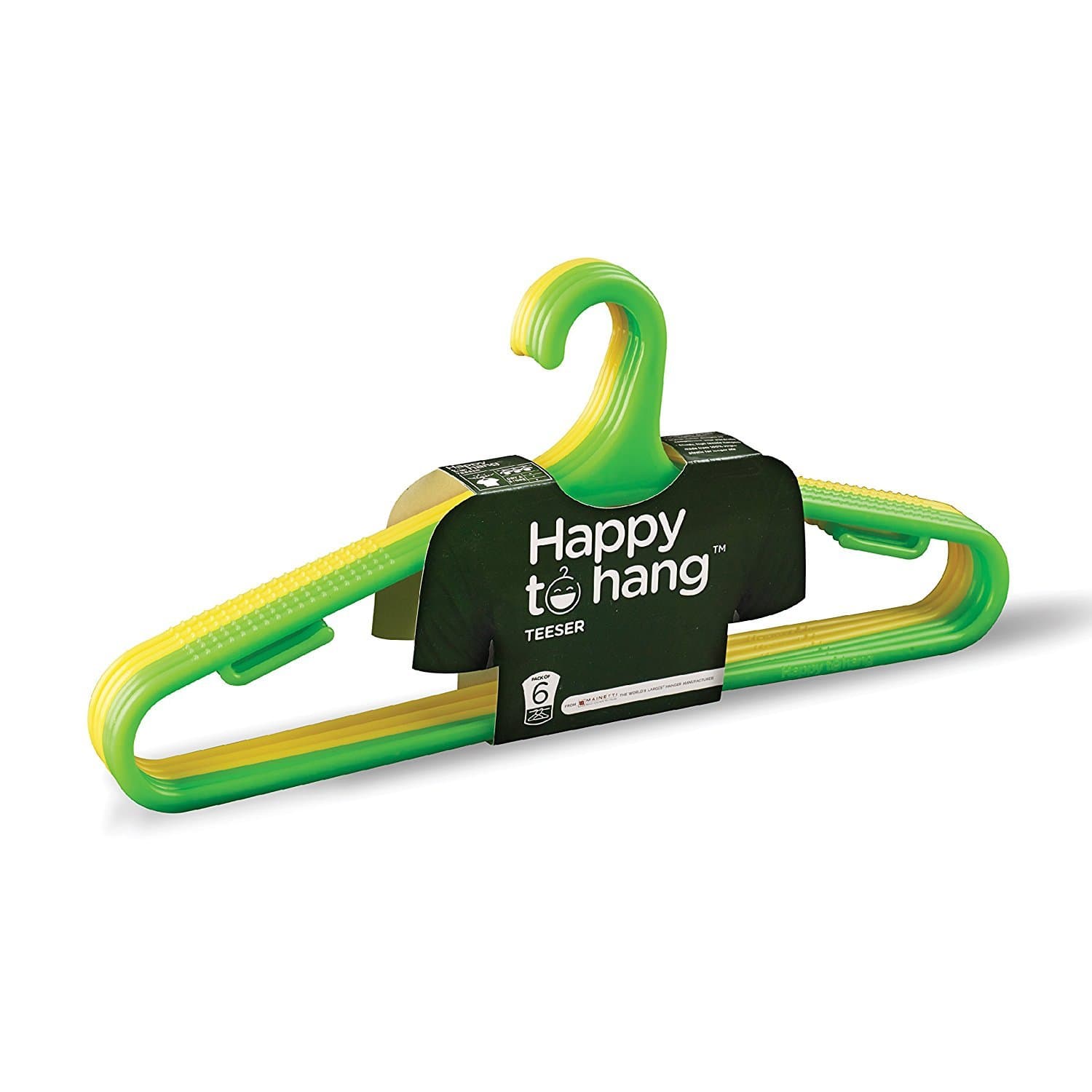 Happy To Hang Teeser Plastic Cloth Hangers | Stylish Italian Design | Hanger Set for Clothes, Tees, Shirts, Sarees & Wardrobe Storage | Almirah Hanger | Pack of 6 (Yellow & Green)