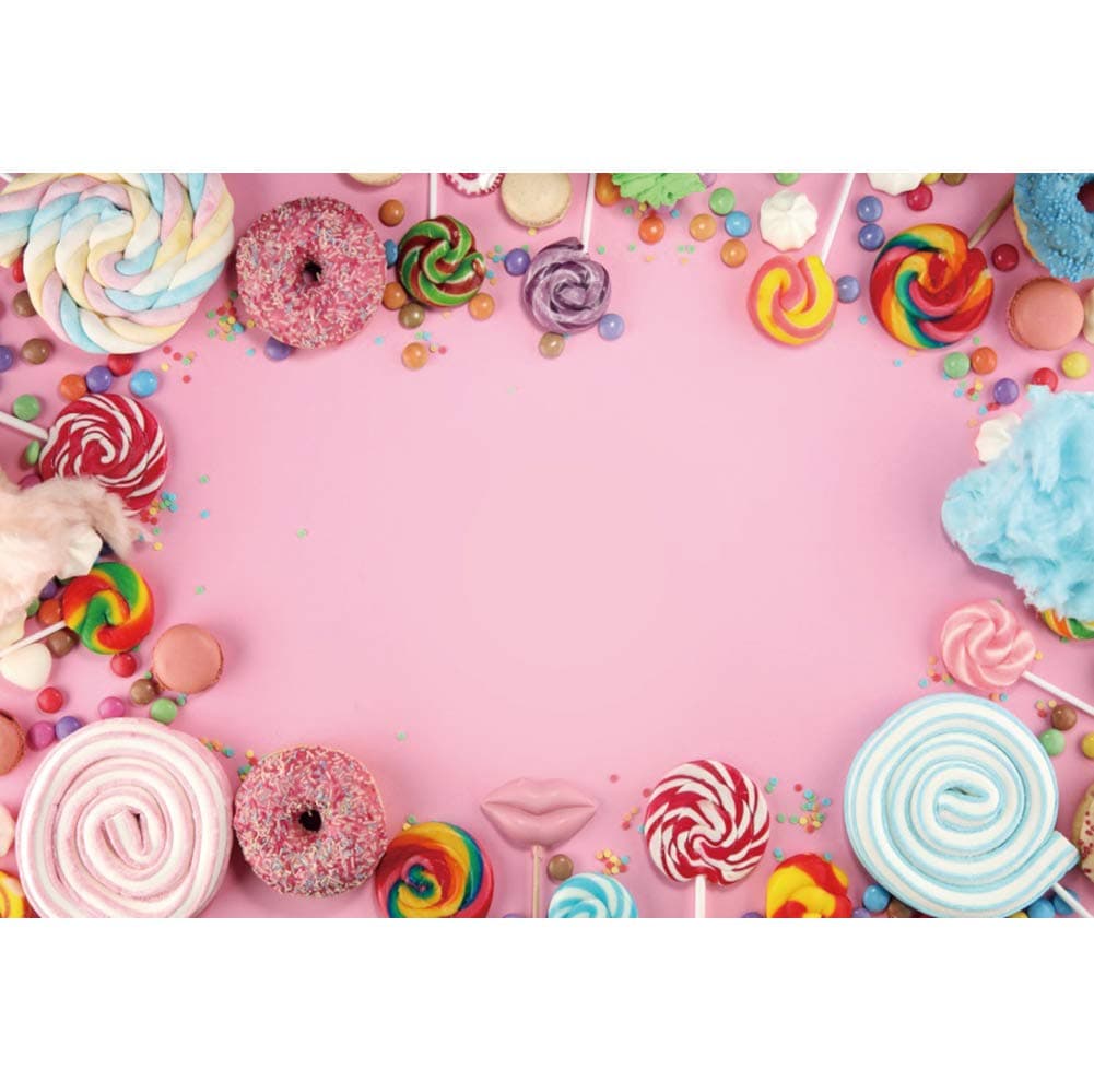 Polyester 6x4ft Candy Photography Backdrop for Kids Birthday Party Baby Shower Background Sweet Pink Wall Lollipop Candy Doughnut Kids Cake Table Banner Kids Birthday Photo Studio Props