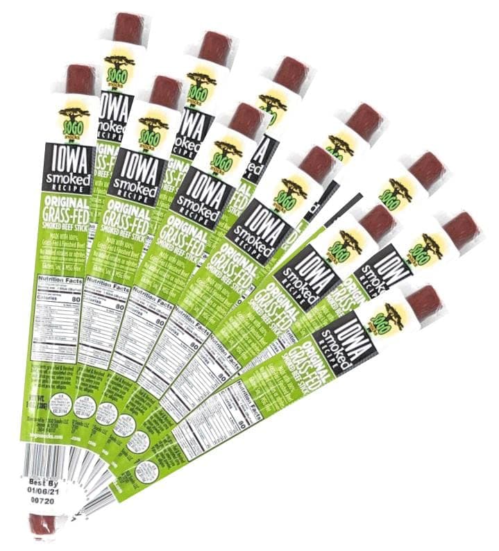 Original - Iowa Smoked Recipe, Sogo Snacks, Sugar Free Beef Jerky, Non-GMO Grass Fed Beef Sticks. No Nitrates, Gluten, Soy, MSG, Dairy, or Nuts. Paleo, Whole30, & Keto Snack (Original-ISR, 48 Cnt)