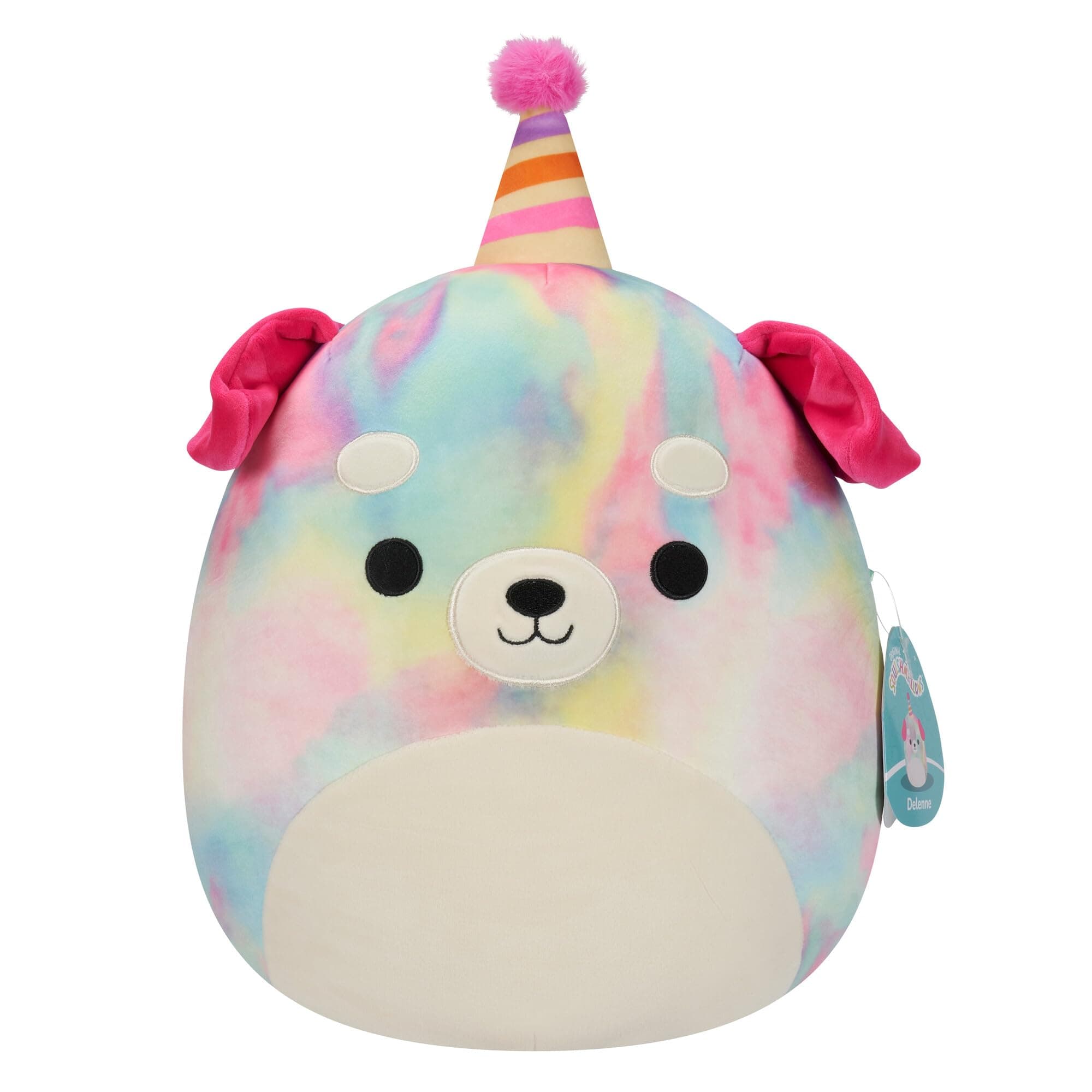 Original 12-Inch Delenne The Rainbow Tie-Dye Dog with Party Hat - Official Jazwares “Happy Birthday” Plush (Medium-Sized)