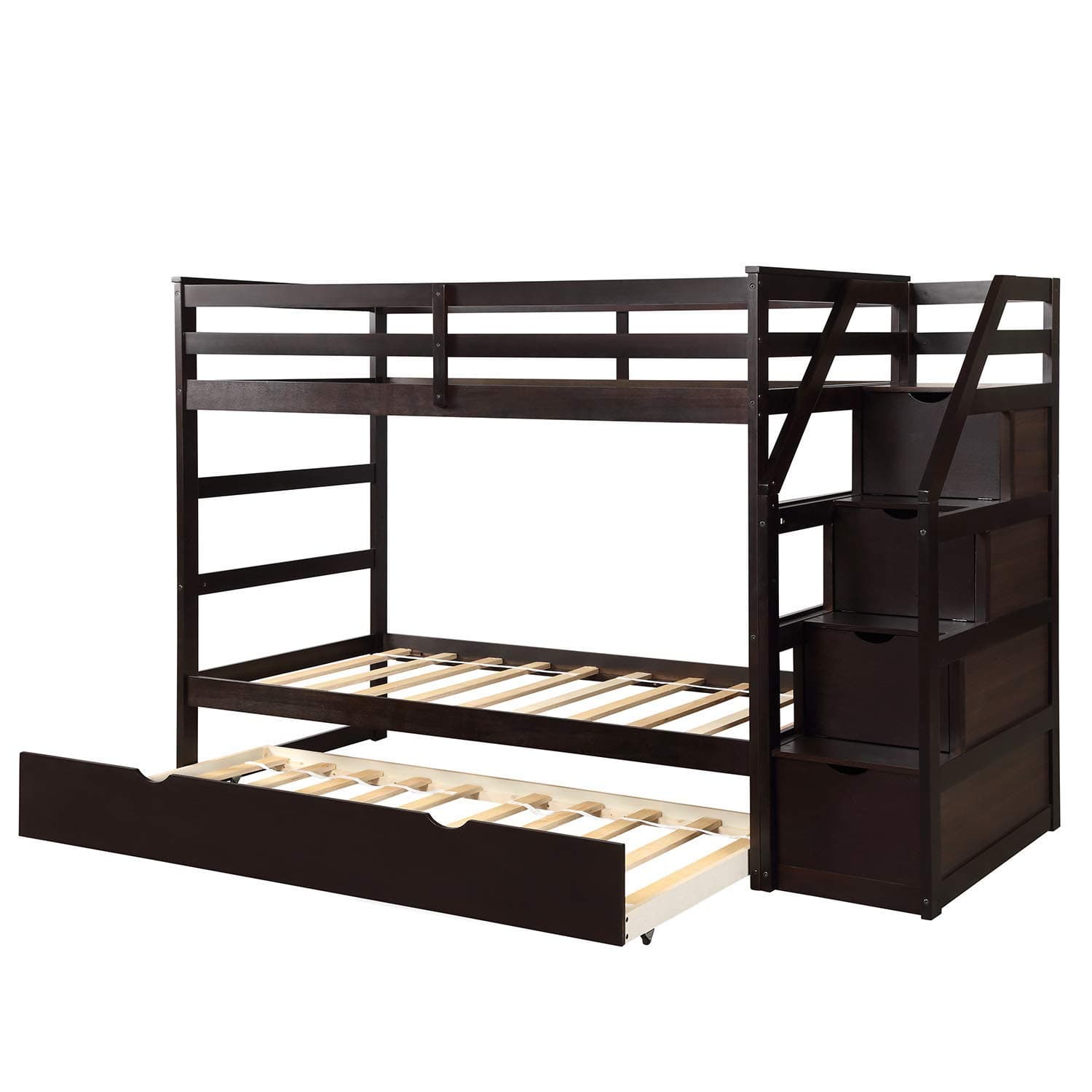 Solid Wood, Hardwood Twin Bunk Bed Frame with Staircase and 4 Storage Drawers, Natural Finish, Elegant Espresso