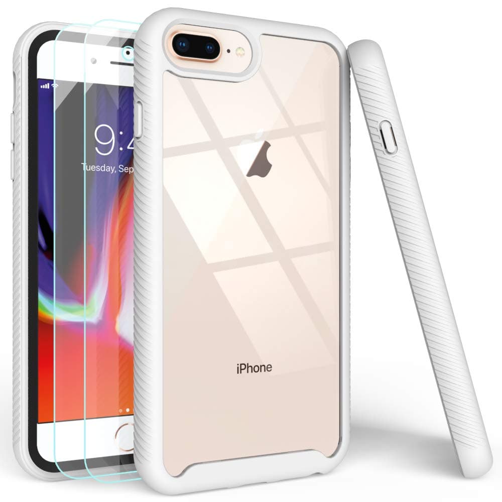 iPhone 7 Plus Case,iPhone 8 Plus Case with Tempered Glass Screen Protector [2 Pack],LUCKYCAT Shockproof Clear Multicolor Series Bumper Cover for 5.5 Inch Apple iPhone 6/6s/7/8 Plus-White