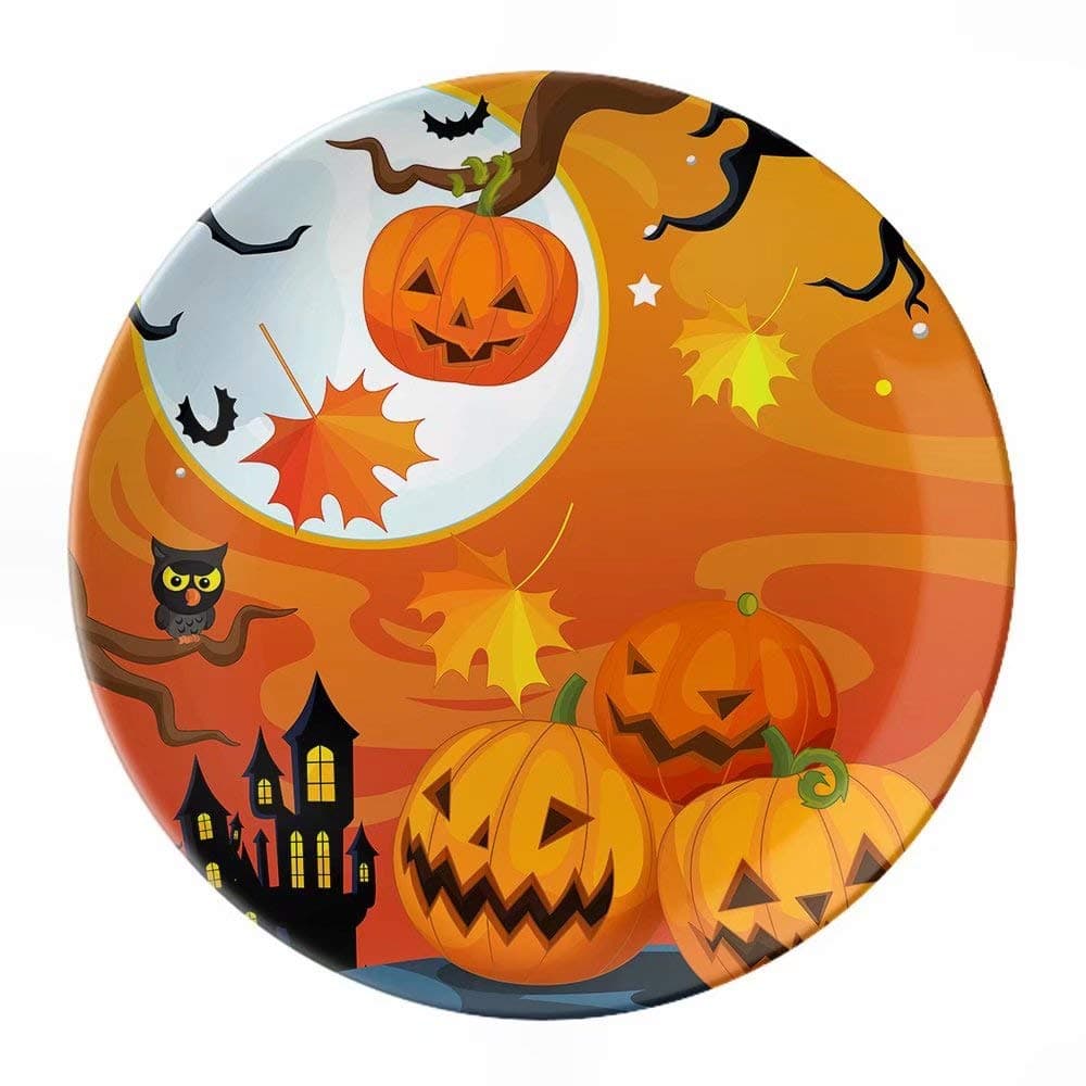 VunKo Halloween Pumpkins 8 Inch Plate Ceramic Dinner Plate Owl Bat Autumn Dinnerware Stoneware Home Decro Round Dish Dessert Plate