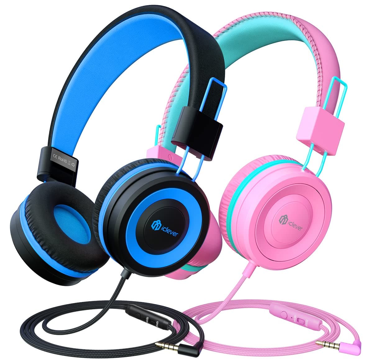 iClever [Upgrade] HS14 Kids Headphones with Mic 85/94dB Volume Limit Foldable Wired Kids Headset for Boys Girls Tablet Travel School (Black & Pink)