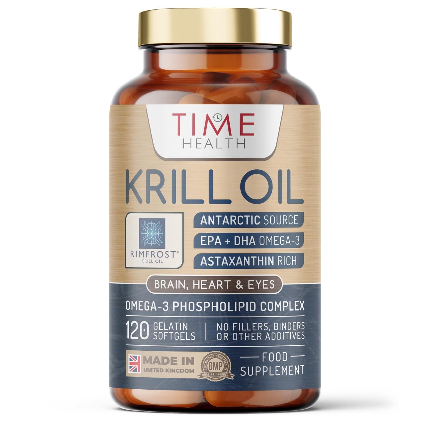 Time Health RIMFROST® Antarctic Krill Oil | Ultra Rich Omega-3 Including DHA/EPA Phospholipids & Astaxanthin | 120 Softgel Capsules | Fast Absorption & Highly Efficient | No Aftertaste | Sustainable