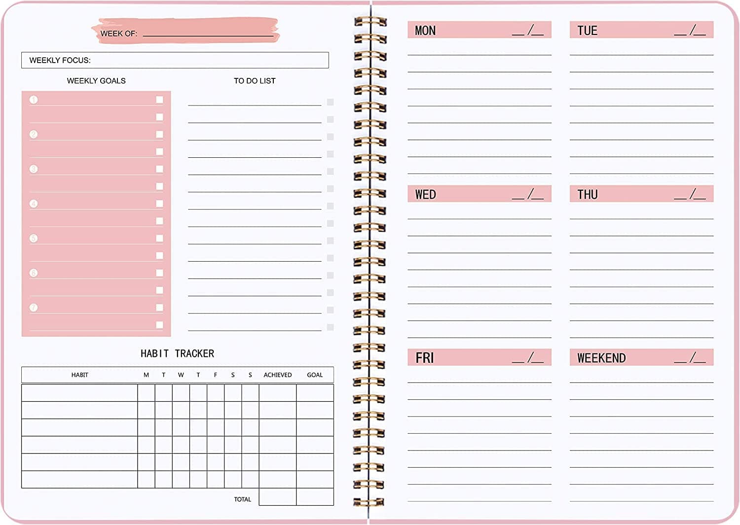 WawasiaUndated Weekly Planner- Weekly Goals Notebook, A5 To Do List Planner, Tracker and Goal Planner, Appointment Planner Undated 8.3" x 5.8" (Pink)