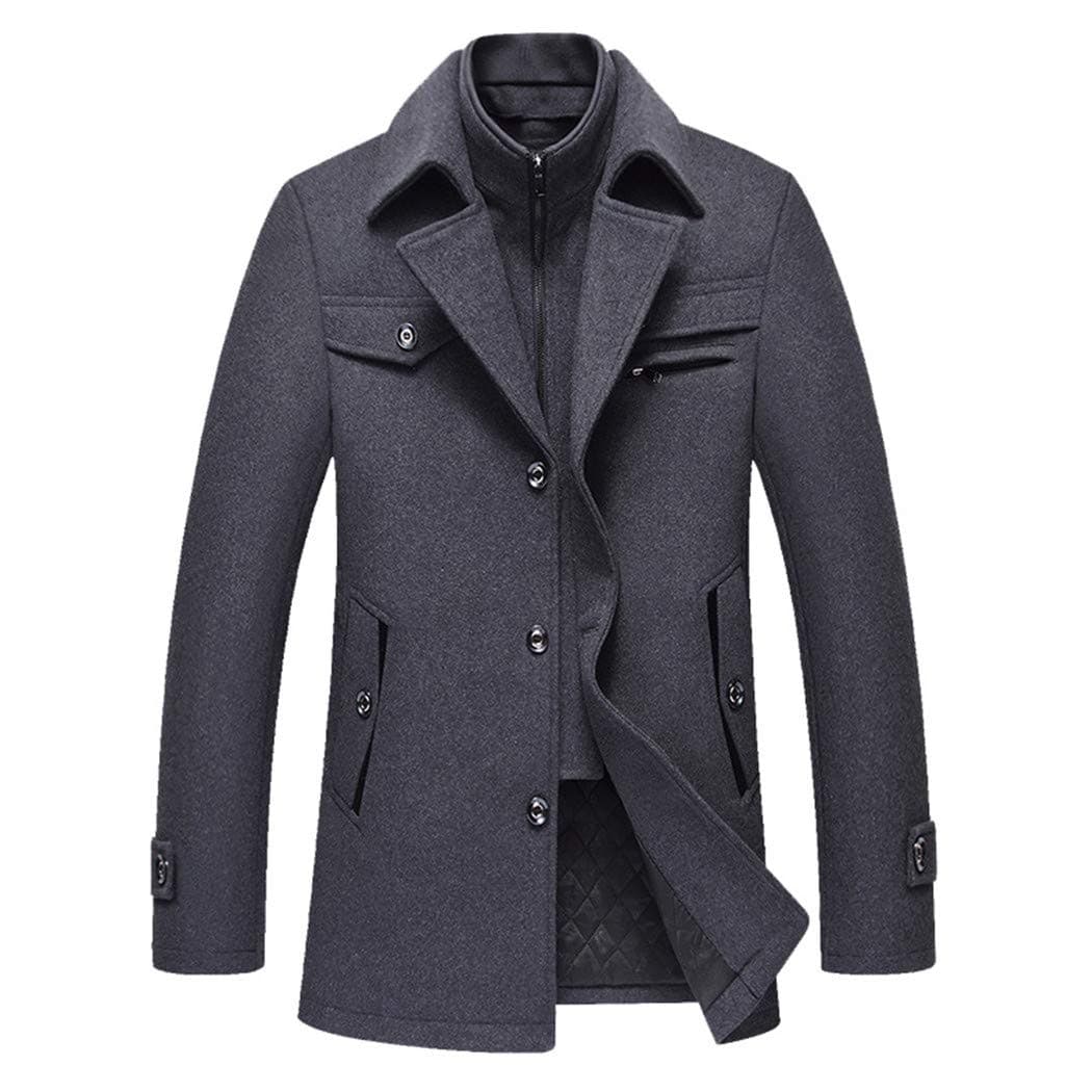 Mens Jacket Casual Business Wool Blend Thicken Winter Breasted Dress Blazer Suit Coat Gray
