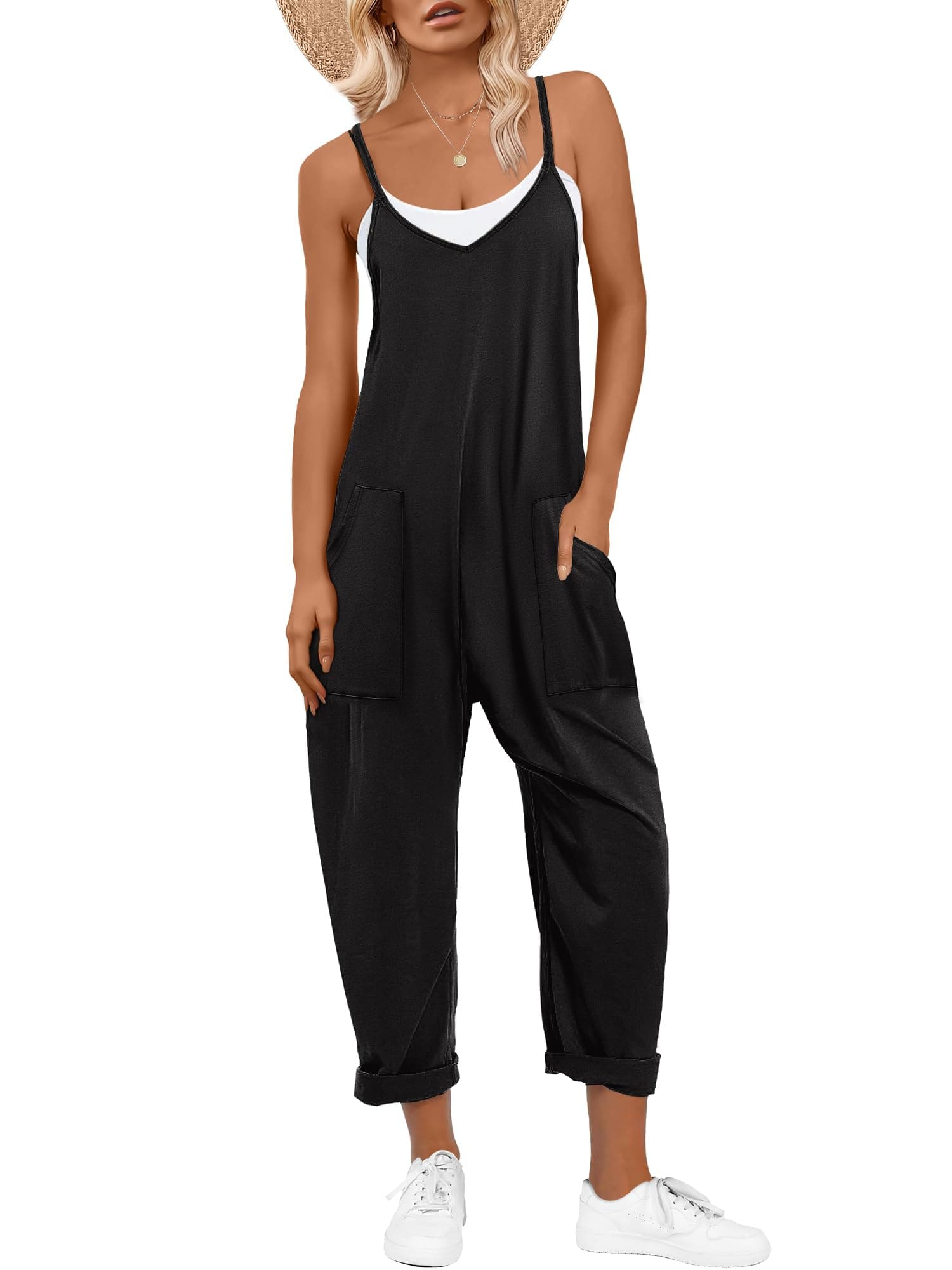 Women's Casual Loose Sleeveless Jumpsuits Adjustbale Spaghetti Strap V Neck Harem Long Pants Overalls with Pockets