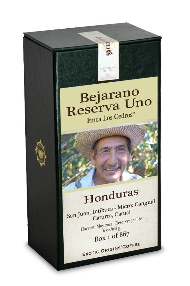 Exotic Origins Coffee: 6 Boxes of 88 Point – Bejarano Reserva Uno – Finca Los Cedros – Varietal: Blend of Caturra and Catuai – Cangual Micro Climate, San Juan, Intibuca, Honduras – Limited Reserve of 396 Pounds – Save 20% on Six Sequentially Numbered Boxes of 867 – Whole Bean – 6 Oz.