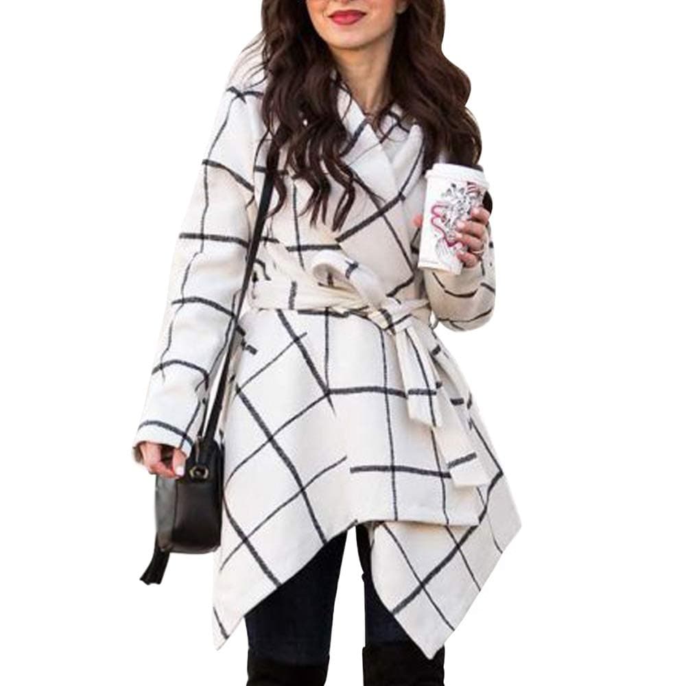 Women's Turn Down Shawl Collar Earth Tone Check/Black White Grid/Black/Plum Wool Blend Coat