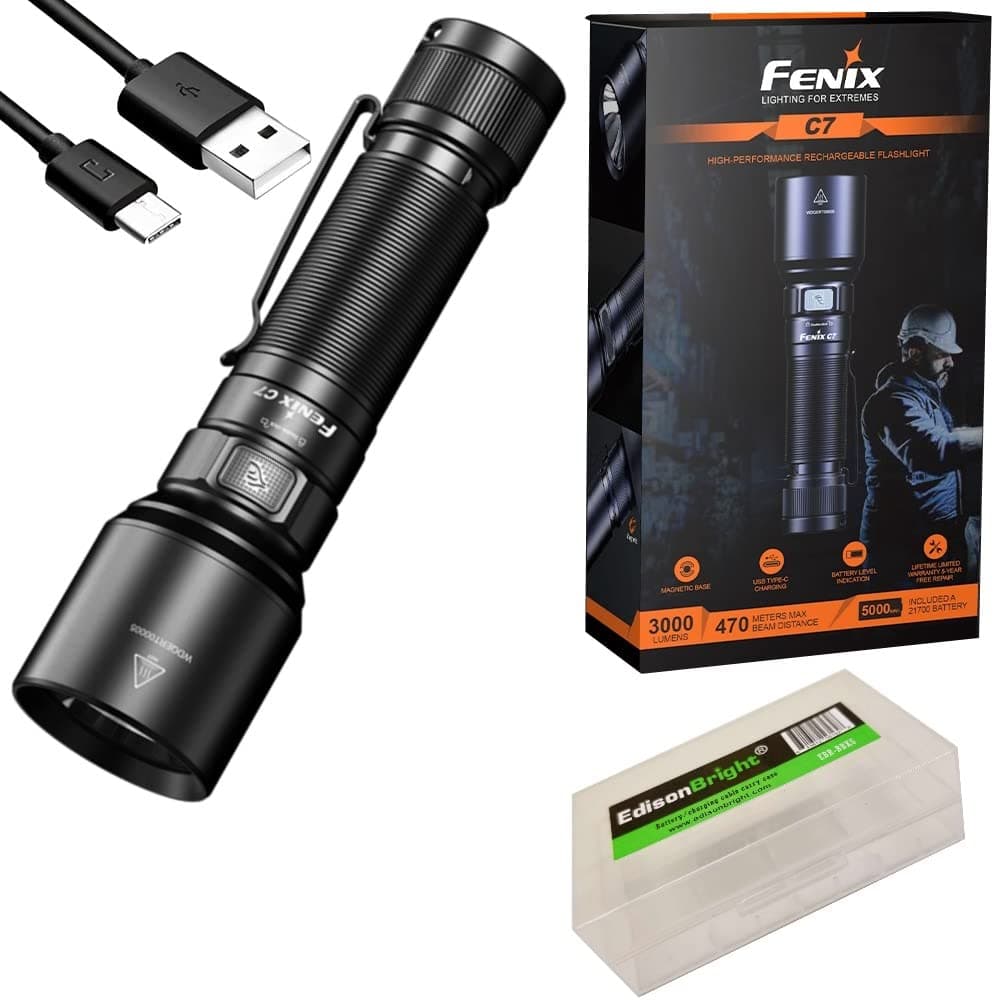 Fenix C7 3000 Lumen Magnetic Base USB Rechargeable Flashlight with Edisonbright Battery Carrying Case