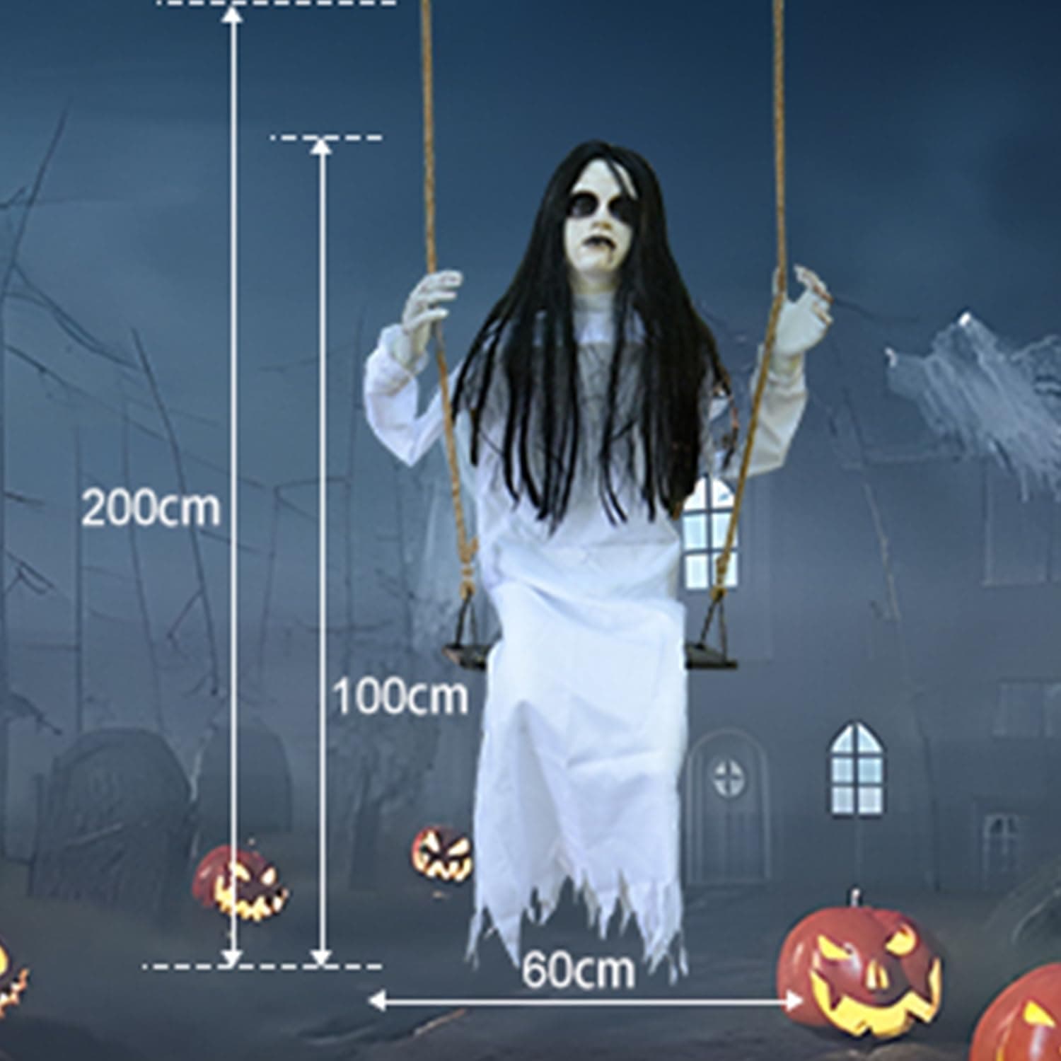 PartyGears Halloween Decorations Props Hanging Swinging Girl with Creepy Expressions, Hanging Ghosts The Best Indoor and Outdoor Decorations for Halloween(White)