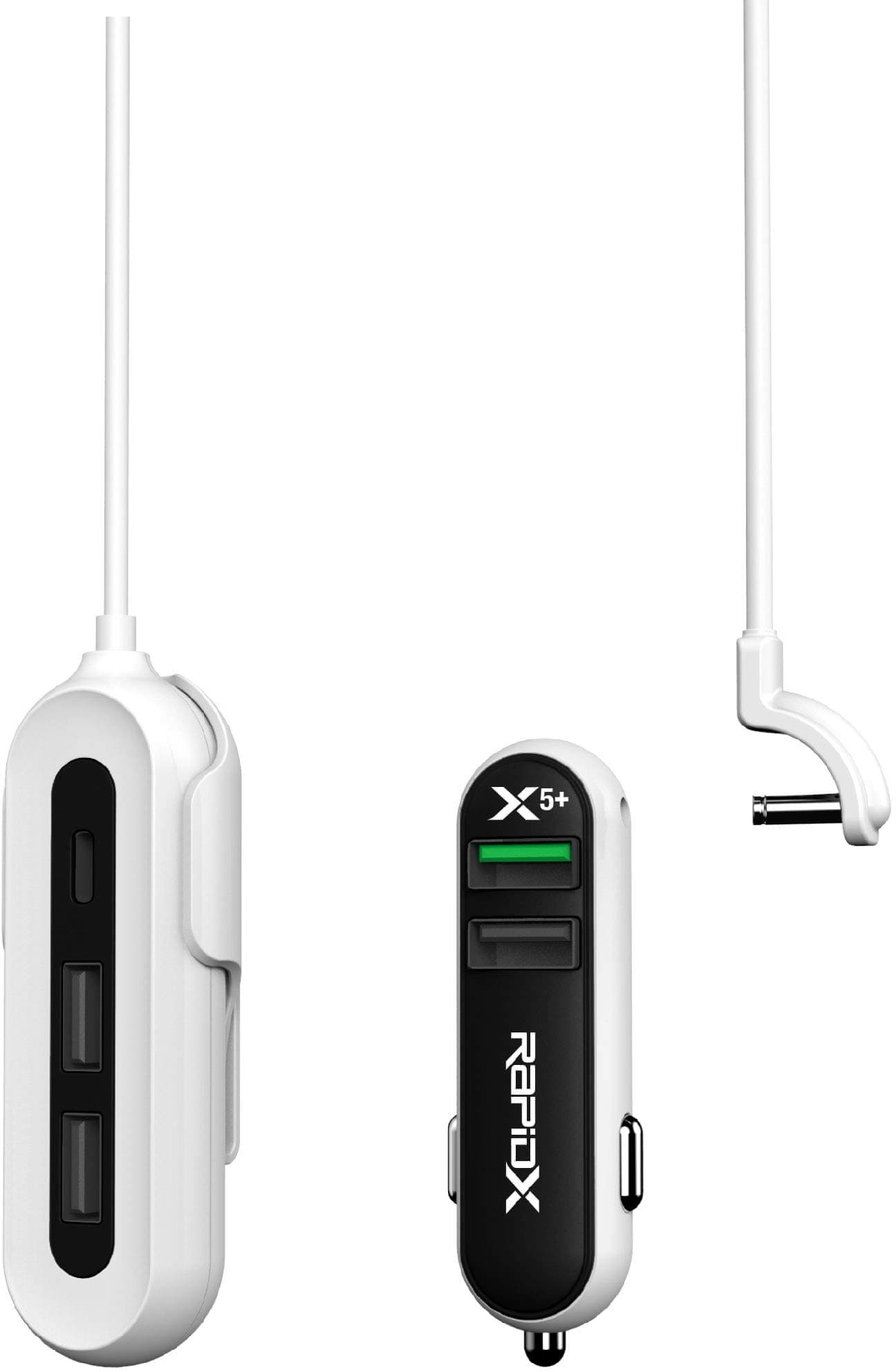 RapidX RXX5USBBLPL X5 Plus Car Charger 5 USB Ports QC 3.0/Type C Blackon White
