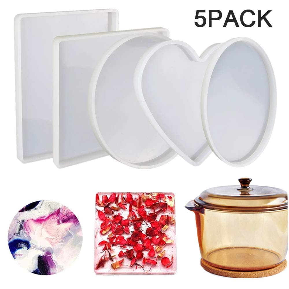 5 Pcs/Set Oversized Resin Molds Transparent Flexible Silicone Large Molds for DIY Craft Home Decoration (Round, Square, Rectangle, Ellipse, Heart Coaster Molds)