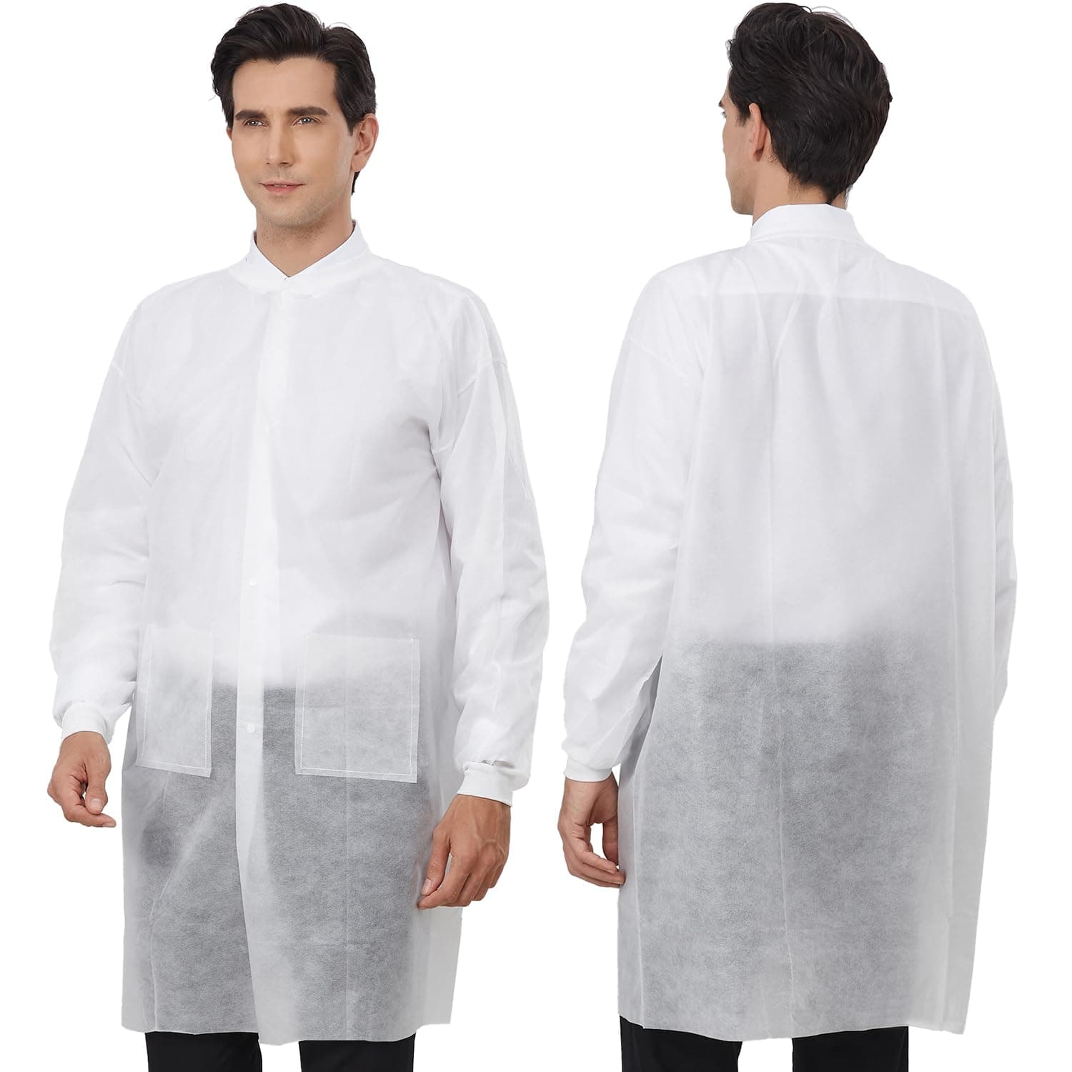 Greenour Disposable Lab Coats for Adults Pack of 10 White Coat 3 Pockets with Knitted Cuffs and Collar (Small-2XL)