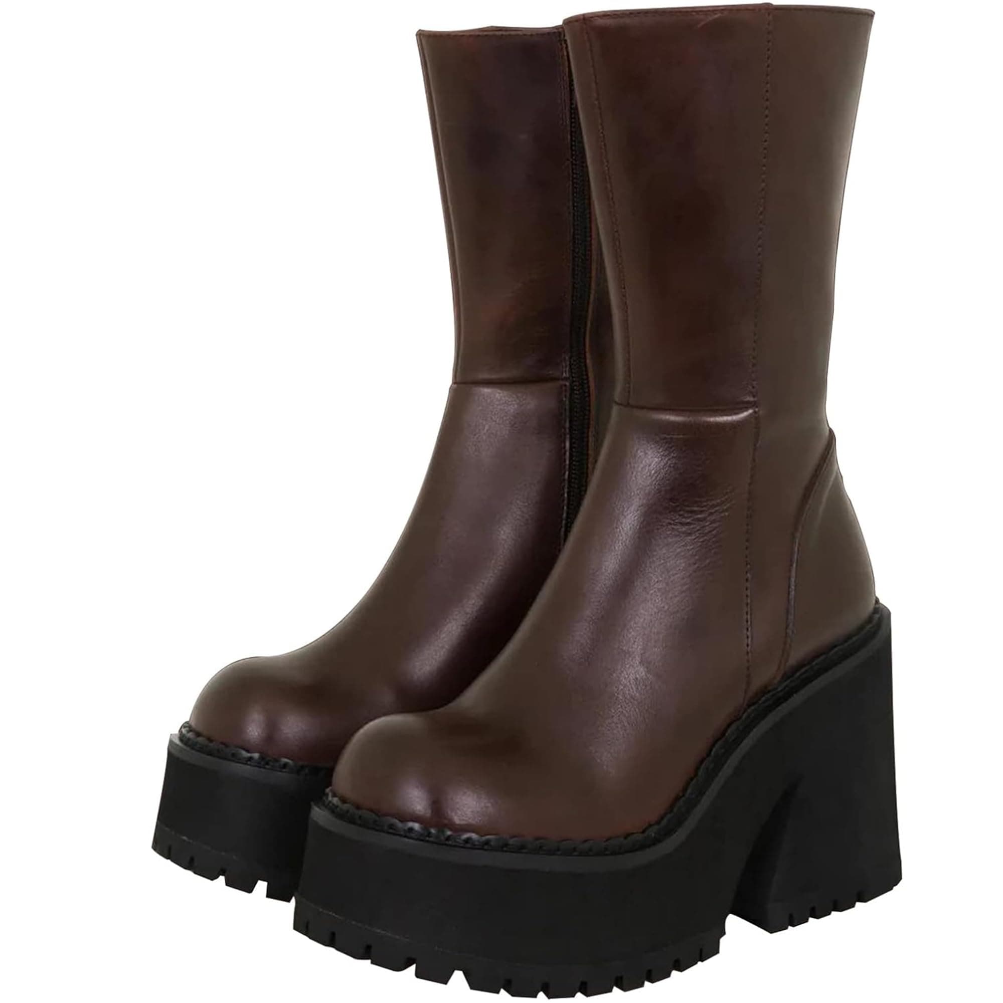 AMINUGAL Womens Wedge Heel Ankle Boots Platform Zipper Punk Motorcycle Booties Chunky Block High Heel Round Toe Fashion Work Combat Boots Mid Calf For Women