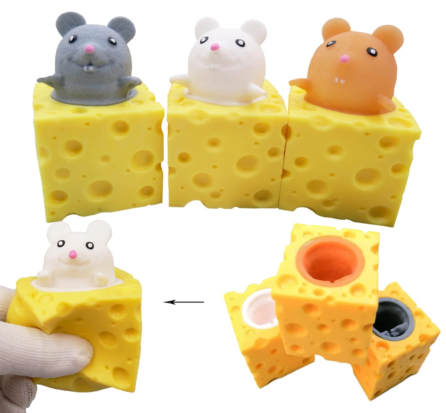 Squeeze Mouse Toy Cheese Mouse Cup (Set of 3) - Sensory Fidget Toys, Squishes Toys Stress Relief for Kids & Adult Tricky Funny Squeeze Toy, Gift for Easter, Christmas and Birthday