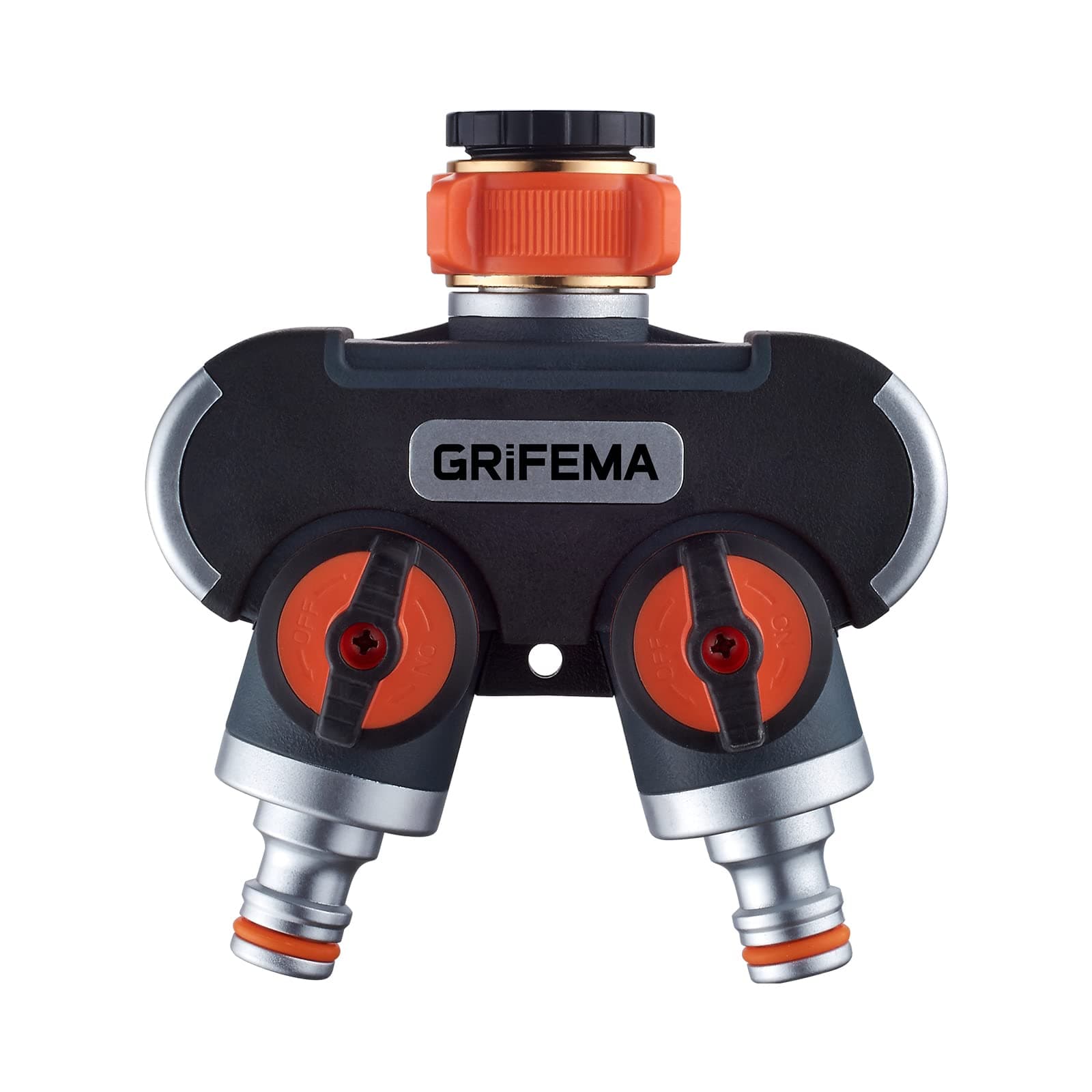 GRIFEMA GE1401-2 Garden Hose Splitter 2 Way, Double Hose Connector, Y Valve Water Tap Splitter, 3/4"and 1/2" Tap Distributor for Outdoor Tap and Garden Hoses, Orange/Black