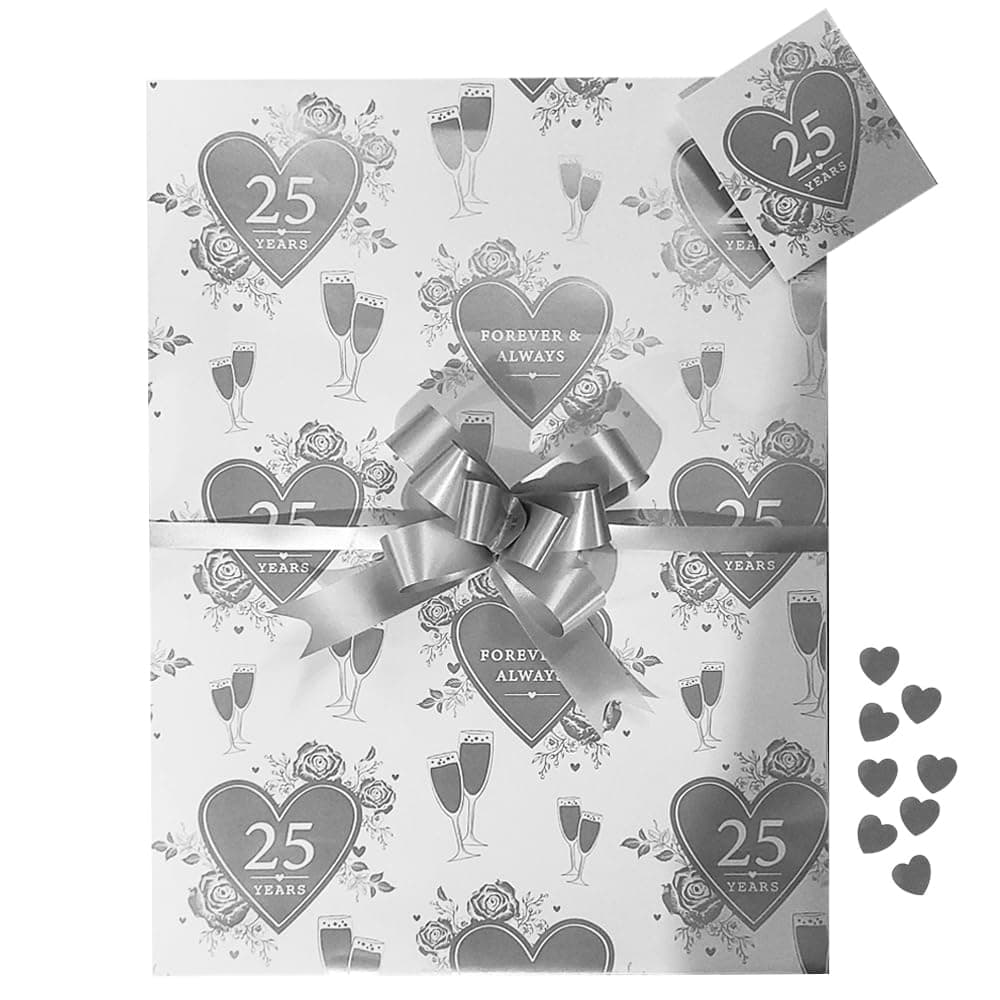 Silver 25th Anniversary Wrap Pack, 2 Gift Paper Wrapping Sheets, 2 Tags 2 Pull Bows and Silver Heart Confetti