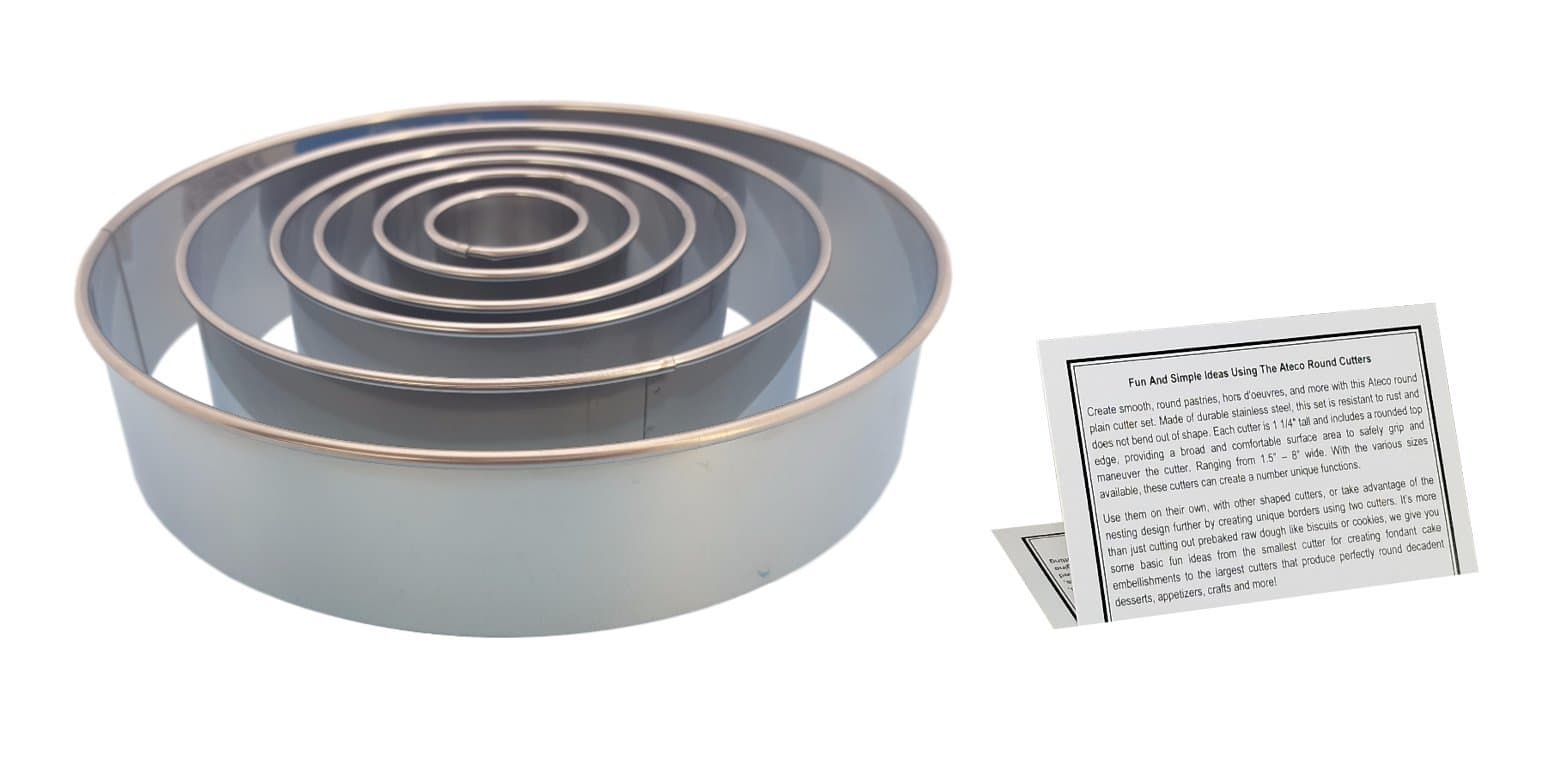 Ateco Round Pastry Cutter Set, Stainless Steel 8”, 6”, 4.5”, 3.5”, 2.5”, 1.5 In. Kitchen Tools With Information Card