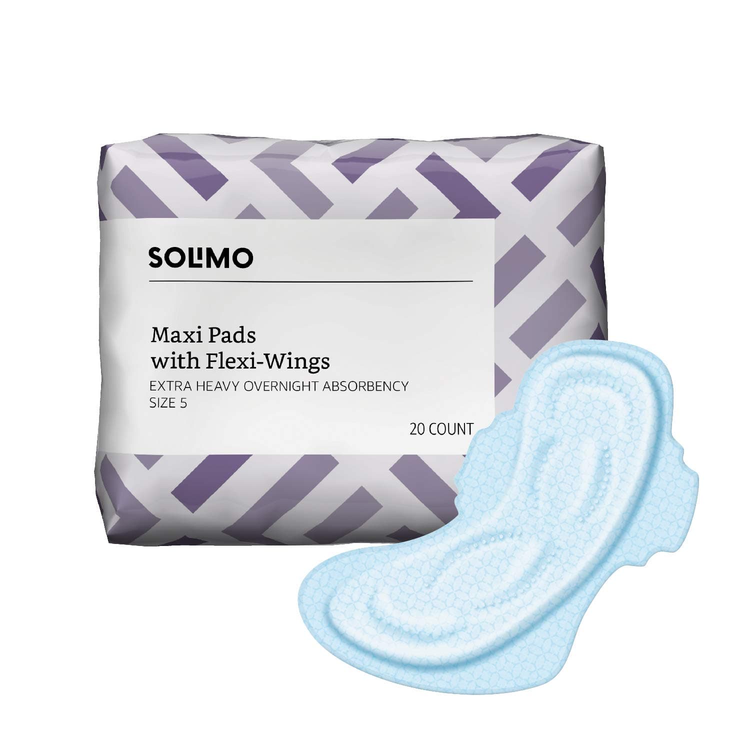 Amazon Brand - Solimo Maxi Pads with Flex-Wings, Extra Heavy Overnight Absorbency, Unscented, Size 5, 20 Count, 1 Pack