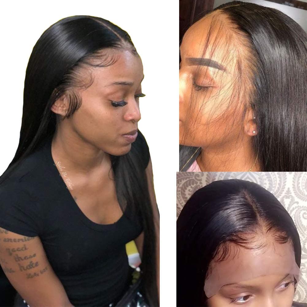 9A Virgin Straight Hair Lace Front Wigs Brazilian Remy Human Hair Wig for Black Women with Baby Hair Natural Black Color (16 inch, Lace Front Wig)
