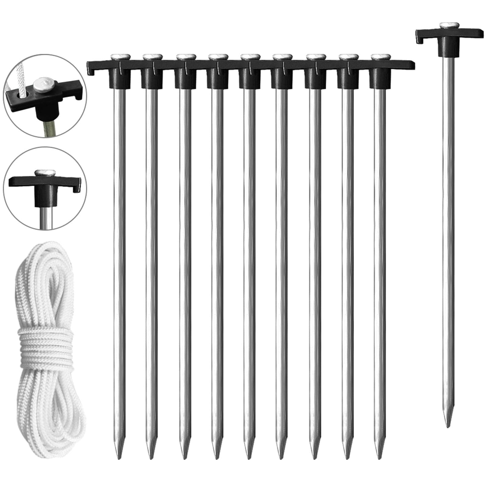 EurmaxUSA Galvanized Non-Rust Camping Pop Up Boat Anchors Stakes Heavy Duty 10pc-Pack, with 4x10ft Ropes & 1 Stopper