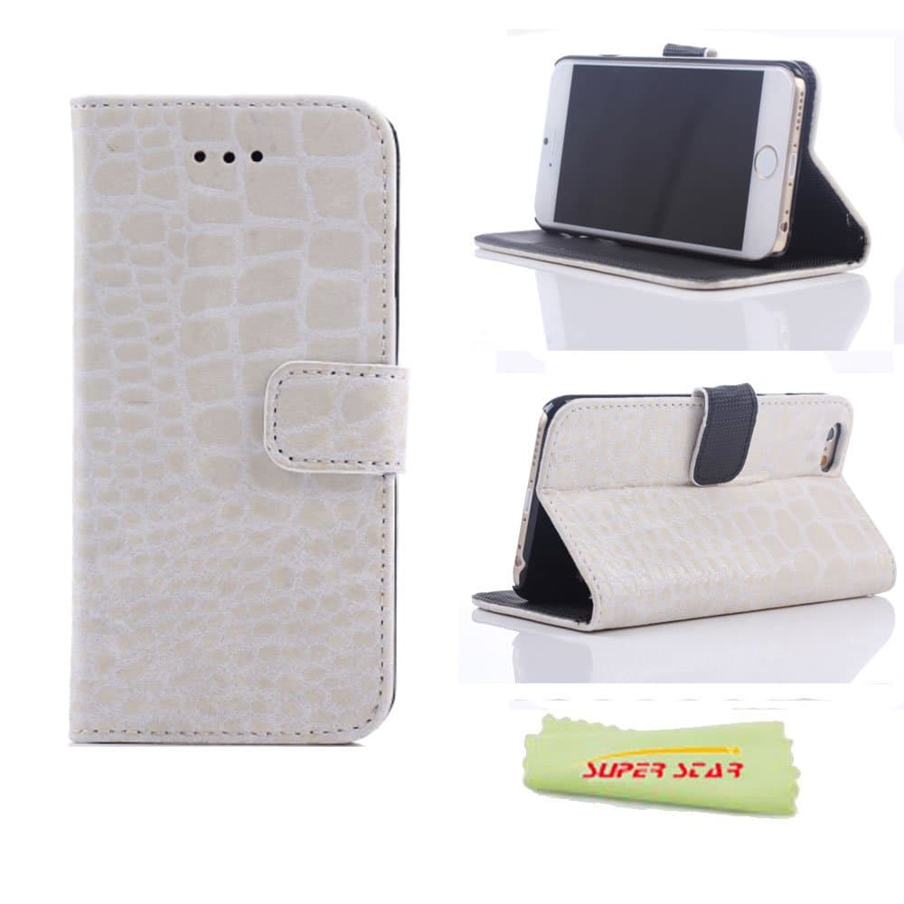 Superstar0153; Crocodile Skin Design PU Leather Luxury Wallet Credit Card Case Cover With Stand and With Magnetic flap closure Cover for iPhone 6 with 4.7 inch Screen,with Card Slots + Cloth (White)