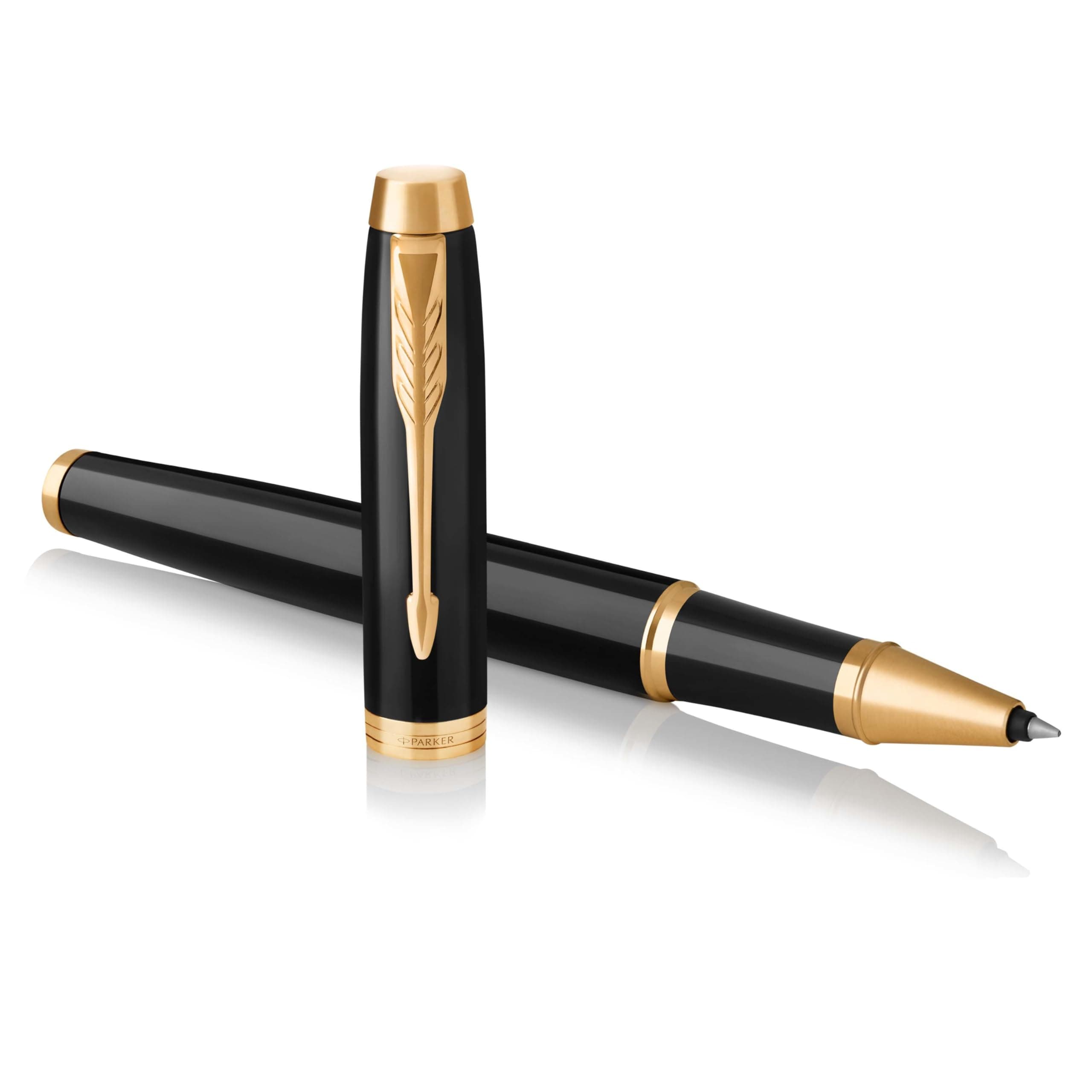 IM Rollerball Pen, Black Lacquer Gold Trim with Fine Point Black Ink Refill, Gift Box (1931659), Black and Gold