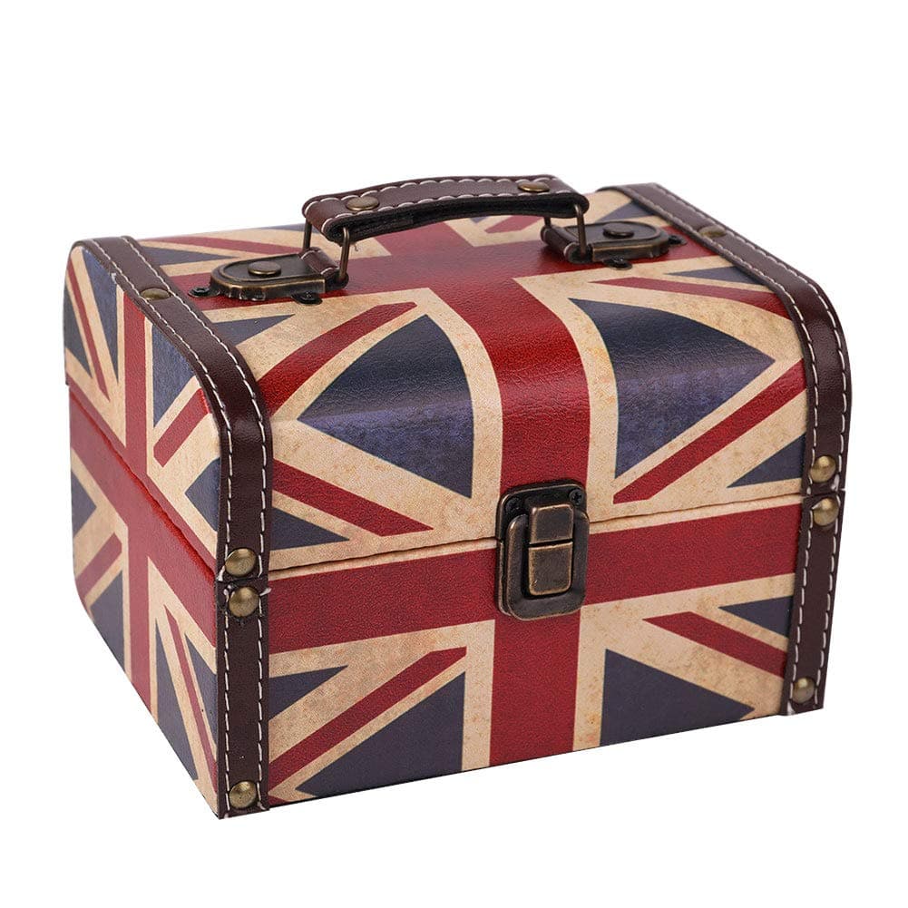 WaaHome Treasure Box 7.1'' British Flag Decorative Wooden Jewelry Keepsake Storage Box with Lids - Vintage Treasure Chest for Kids Girls Women Men, Home Decor
