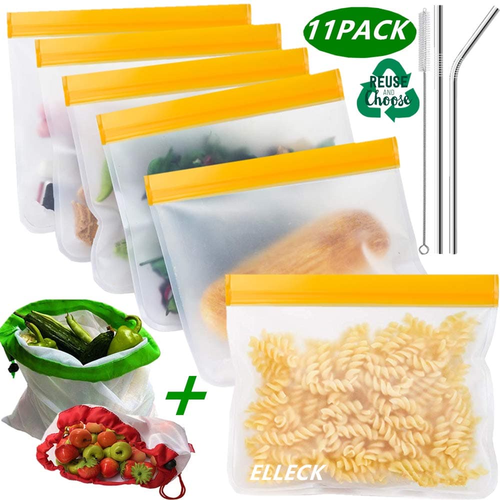 Reusable Sandwich Bags& Reusable Ziploc Bags- Reusable Snack Bags for kids/Storage Bags/Leakproof Lunch Bag/Freezer Bag for Food Storage- Fruit|EXTRA THICK|Travel Items+Produce Storage Bags& Straws
