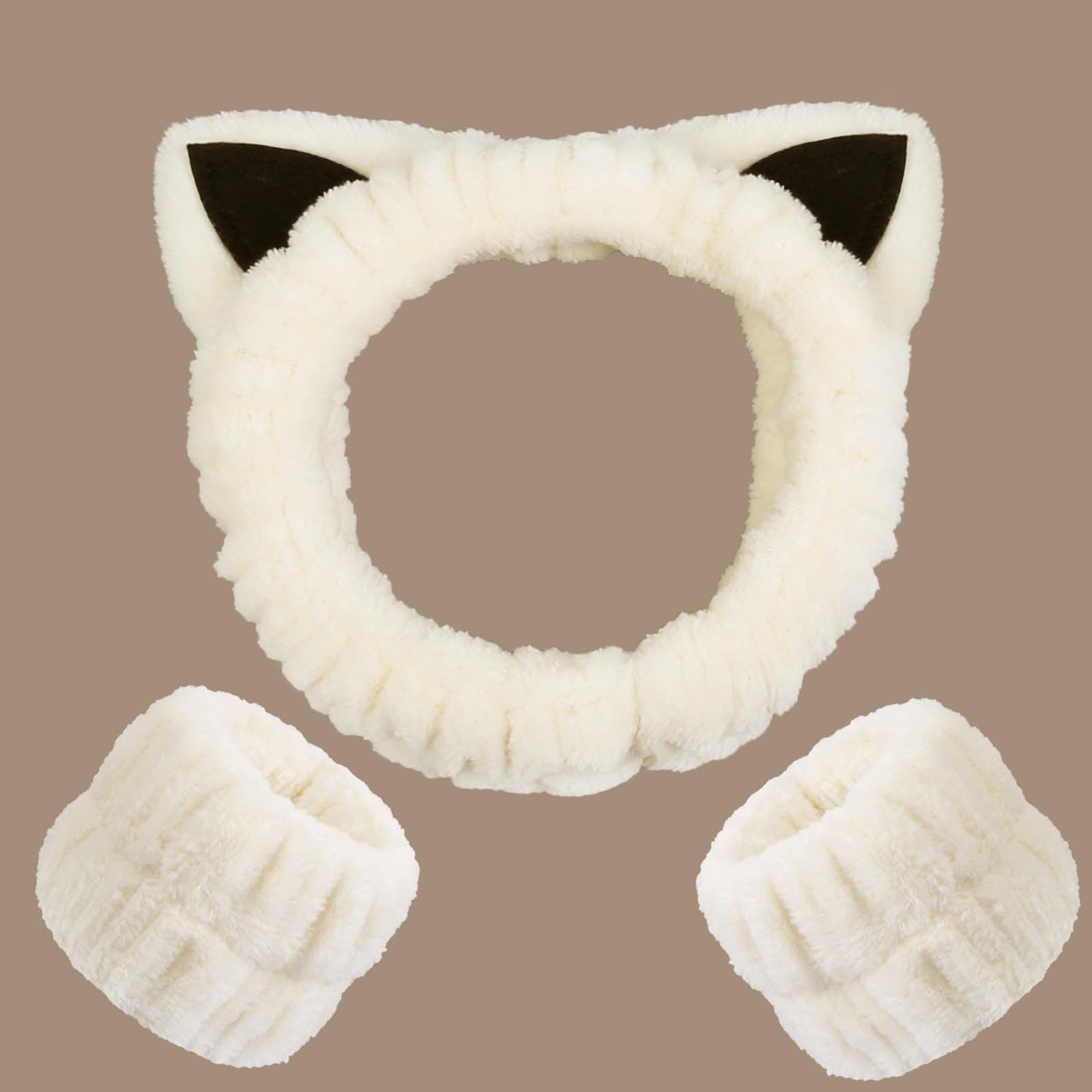 Huachi 3 Packs Cute Cat Spa Headband and Wristband Set, Fluffy Headbands for Washing Face Skincare Makeup, Animal Headbands for Women Girls Trendy Gifts Coral Fleece Face Wash Hair Accessories, Beige