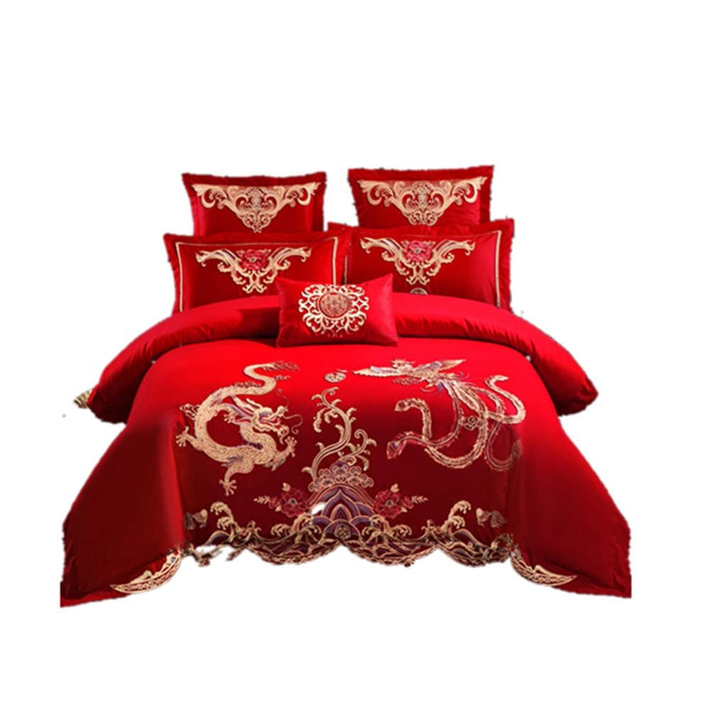 Wedding Bedding Set Of Four 40 Full-process Cotton Embroidery Dragon And Phoenix Chinese Four-piece Quilt Cover 2 * 2.3 M Bed Sheet 2.5 * 2.7 M Pillowcase 48 * 74 Cm Extra large duvet cover ethnic exo