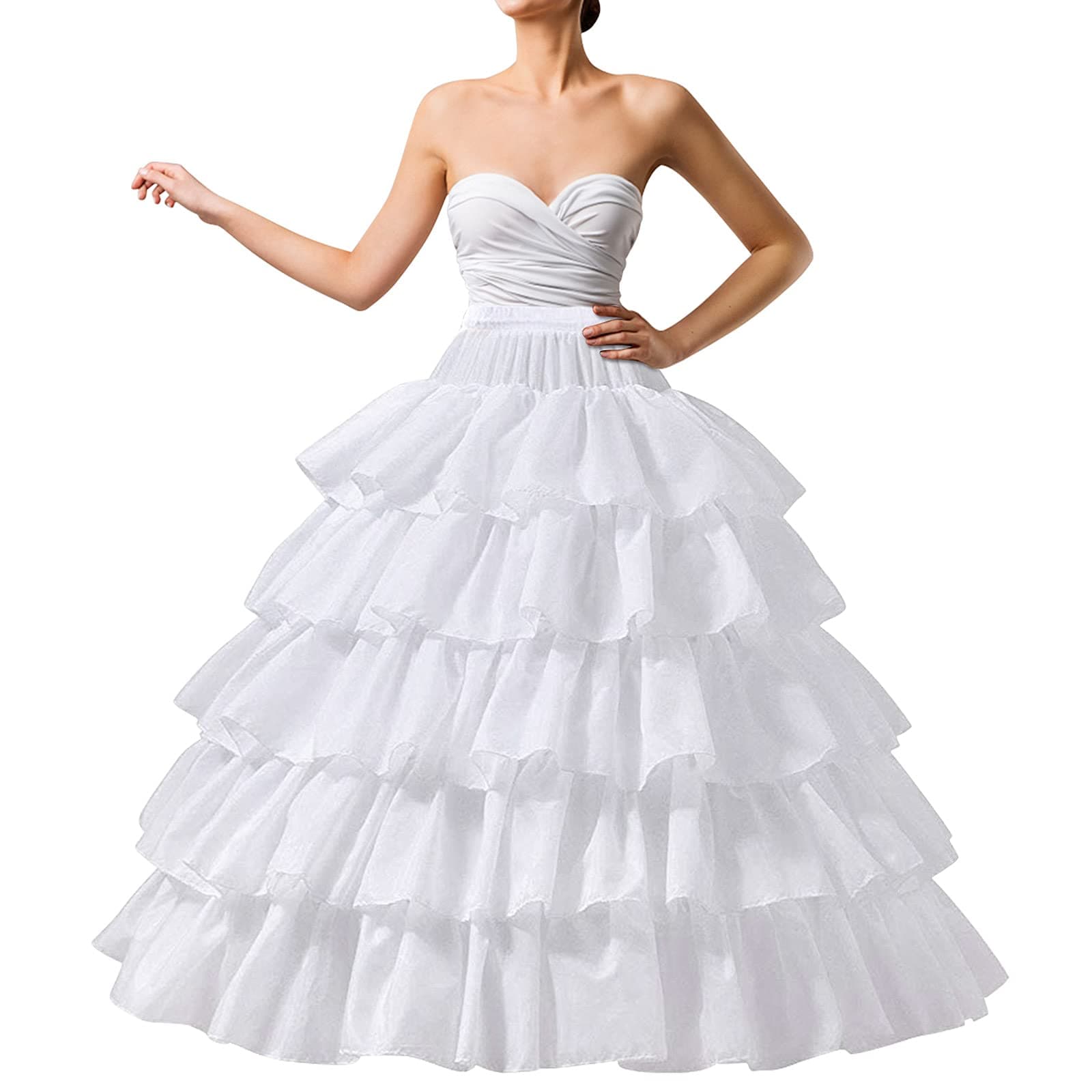 MeiLiMiYuFull Shape Hoop Skirt 5 Ruffles Layers Ball Gown Petticoat Underskirt Slip for Wedding Dress Adjustable Waist