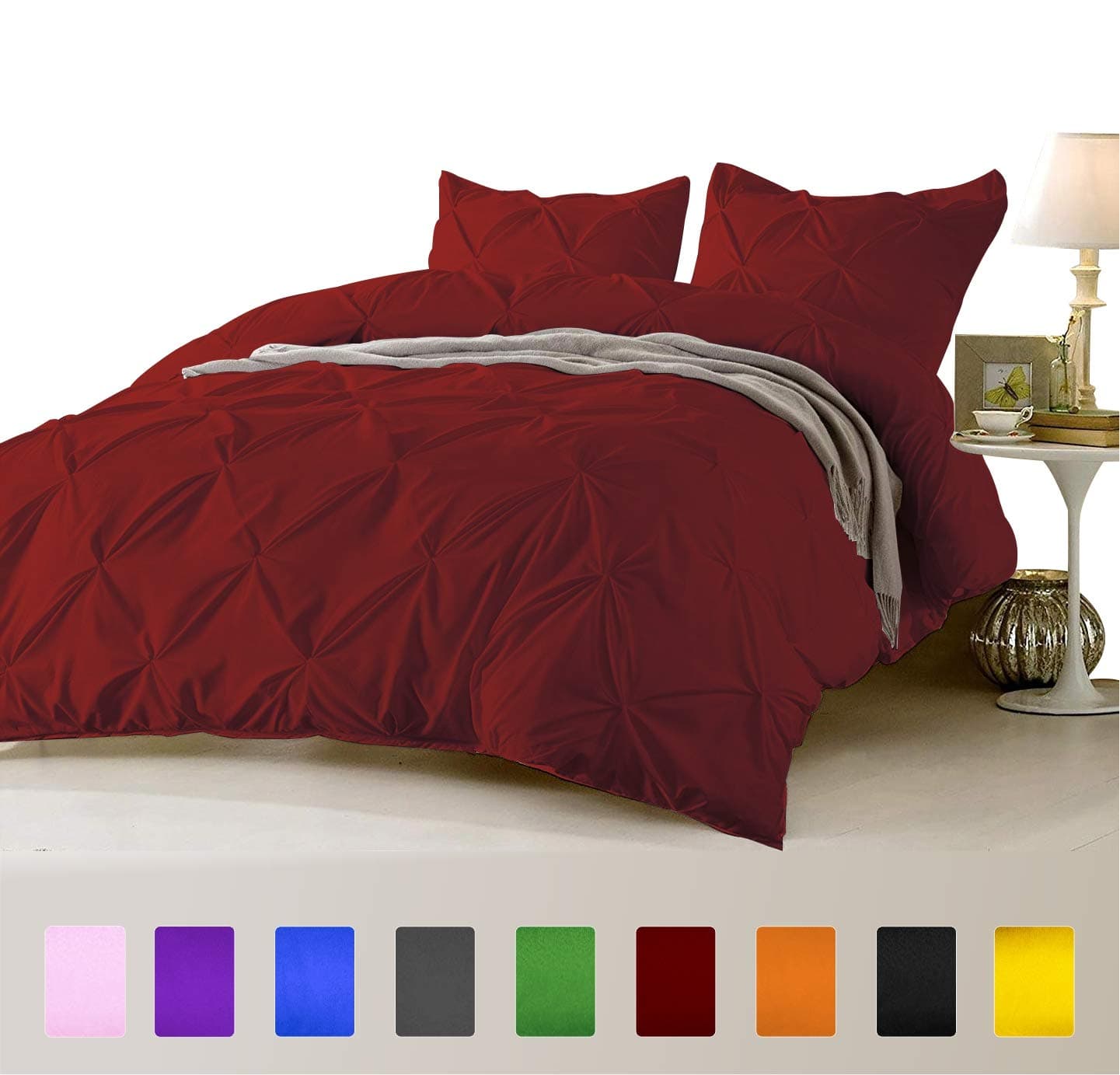 FINE LECHO Soft Luxurious 3-Piece Pinch Pleated Pintuck Decorative Quilt Duvet Cover Set Highest Quality Egyptian Cotton 800 Thread Count Comforter Cover (Full/Queen, Burgundy