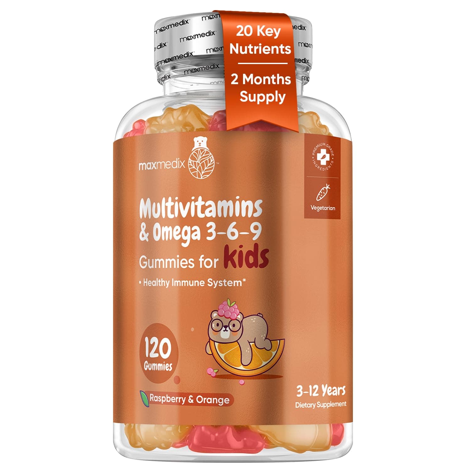 Kids Multivitamin Gummies with Omega 3 6 9 | 20 Essential Kids Vitamins & Minerals for Healthy Immune System | 2-Month Supply | Children's Vitamins in Natural Raspberry & Orange Flavors