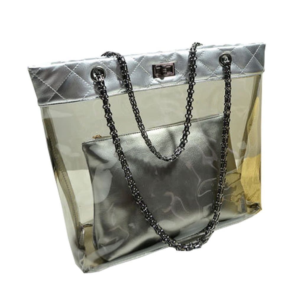 Womens Casual Chain Clear Tote Transparent Beach Jelly Handbag (Silver)