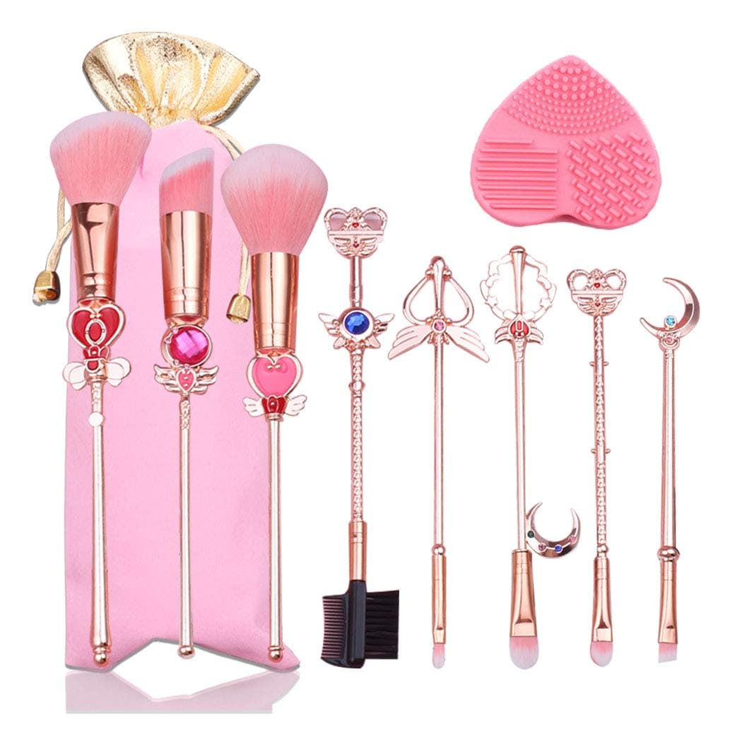 Yi-gog Sailor Moon Golden Magic Girl Makeup Brushes Set 8 PCs Premium Synthetic Nylon Foundation Blending Face Powder Blush Concealers Eye Shadows Make Up Brushes Kit