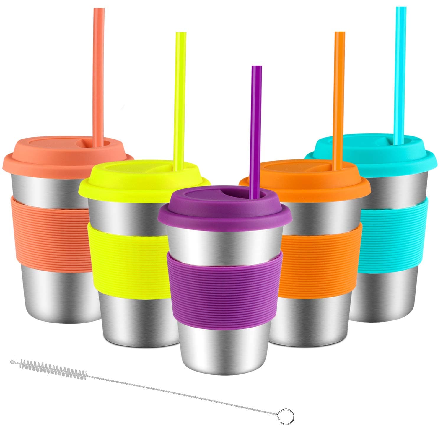 Stainless Steel Cups with Lids and Straws, Spnavy 5 Pack 12 OZ Stackable Metal Drinking Glasses for Kids Toddlers Adults Unbreakable Pint Cup Tumblers for Travel, Outdoor, Camping, Everyday Use