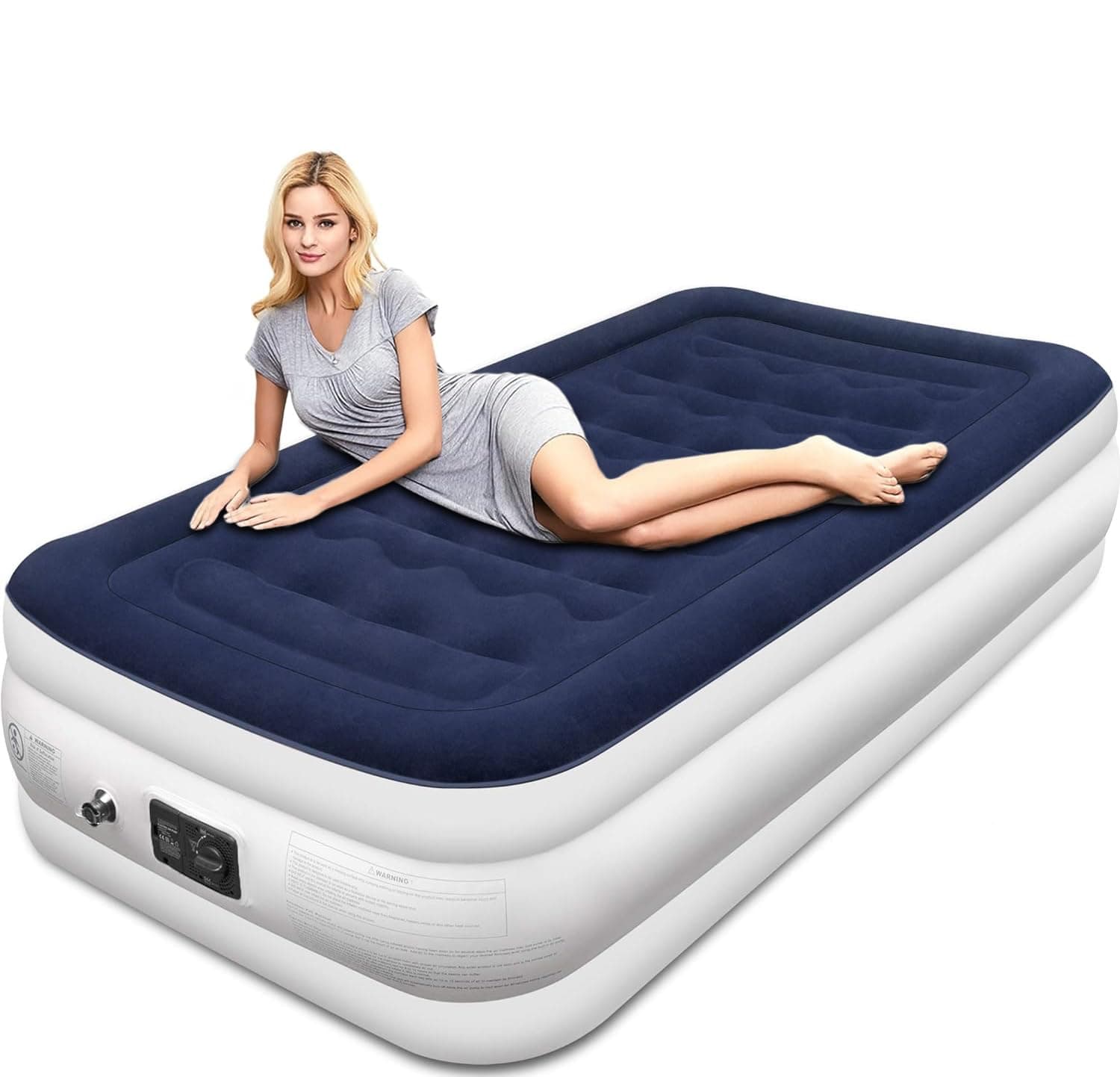 YOWUE7 Air Mattress Twin with Built-in Pump, Upgraded Double High Luxury Flocked Top Blow up Mattress for Home Camping Travel & Indoor Use, Bed Height 45cm, Blue (Single)