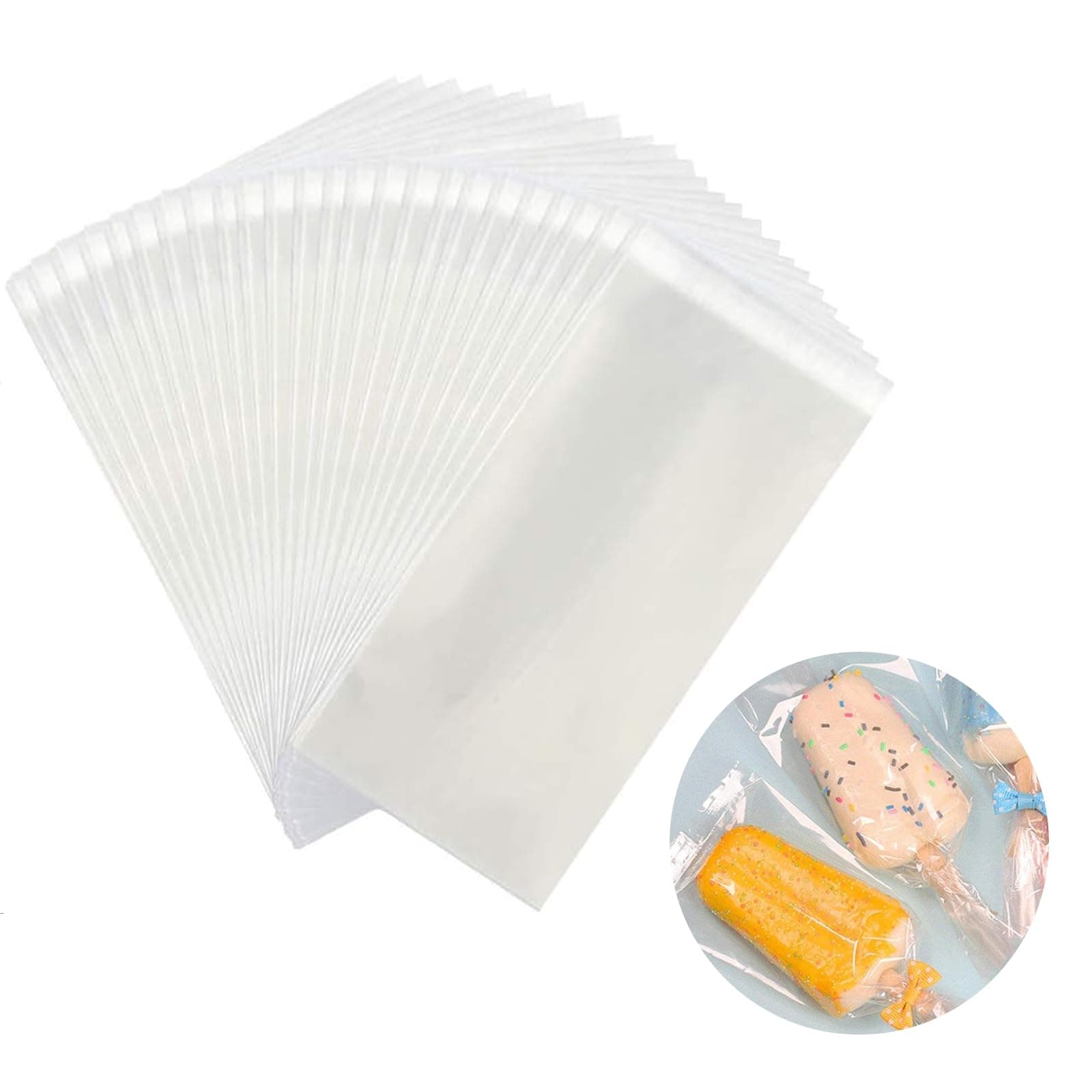 Miaowoof 200PCS Popsicle Bags Sealable, Ice Pop Bags For Ice Cream, Self-adhesive Clear Popsicle Wrappers, 6.3" x 3.2" Disaposable