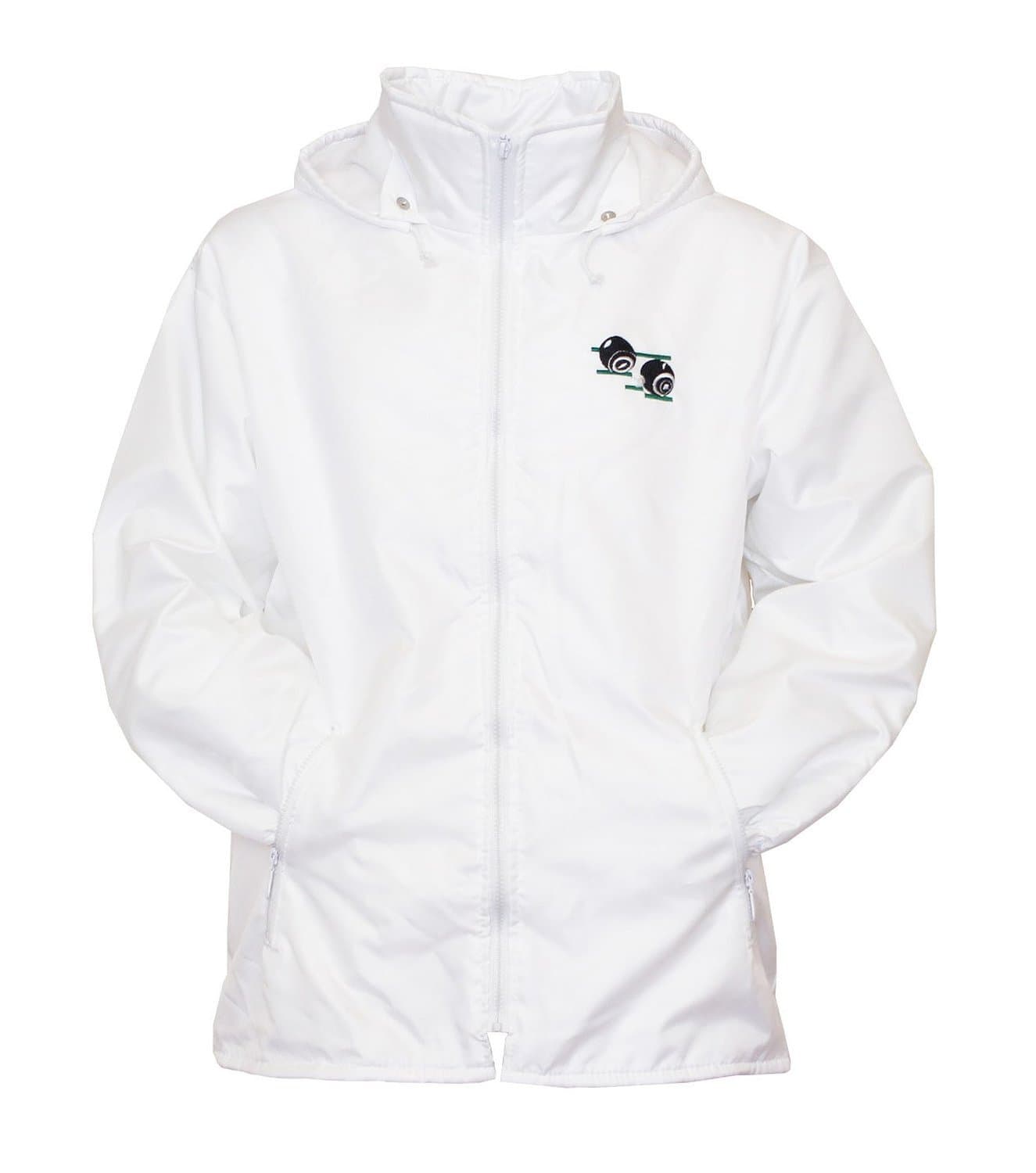 Sians FashionsMens Bowling Jacket Fully Fleece Lined Waterproof Hoodded Jackets Detachable Hood White with Bowls Bowlers Embroidered Logo