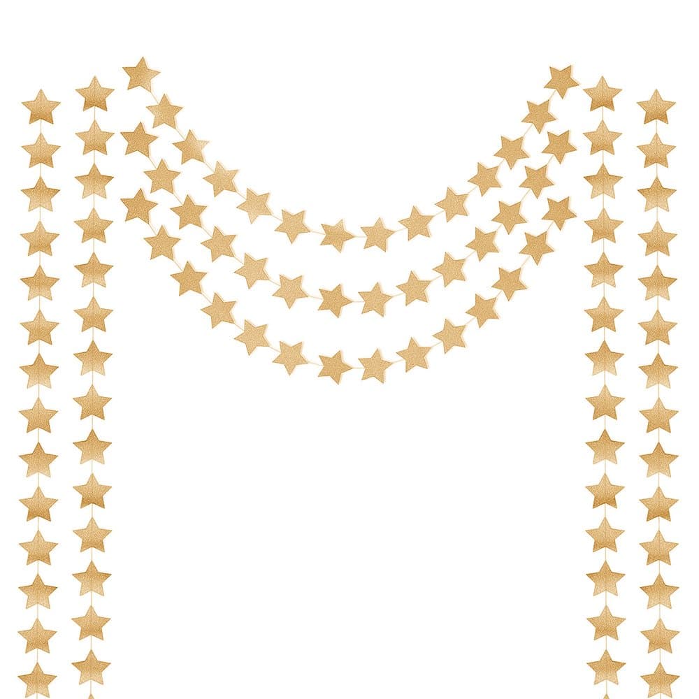 Honbay 2PCS Double Side Glitter Paper Star Garland Christmas Galaxy Banner Christmas Garland - 4 inch in Diameter,13 Feet Long/PCS (Gold)