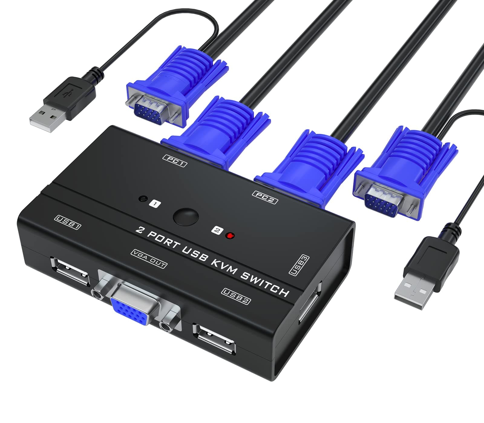 VGA KVM Switch, 2 Port USB VGA KVM Switch with 2 KVM Cable and 3 USB Hubs, 2 PCs Share 1 Monitor Keyboard Mouse